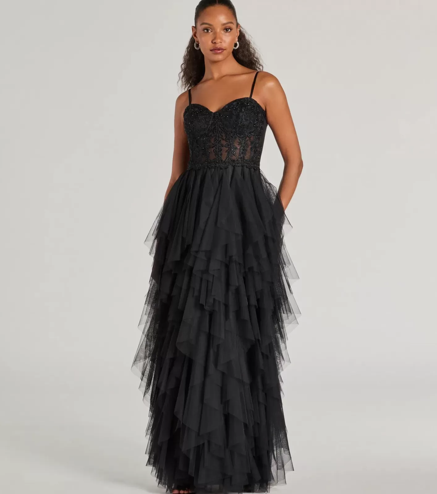 Windsor Keyla Floral Applique Tiered Ruffle Tulle Gown BLACK Best