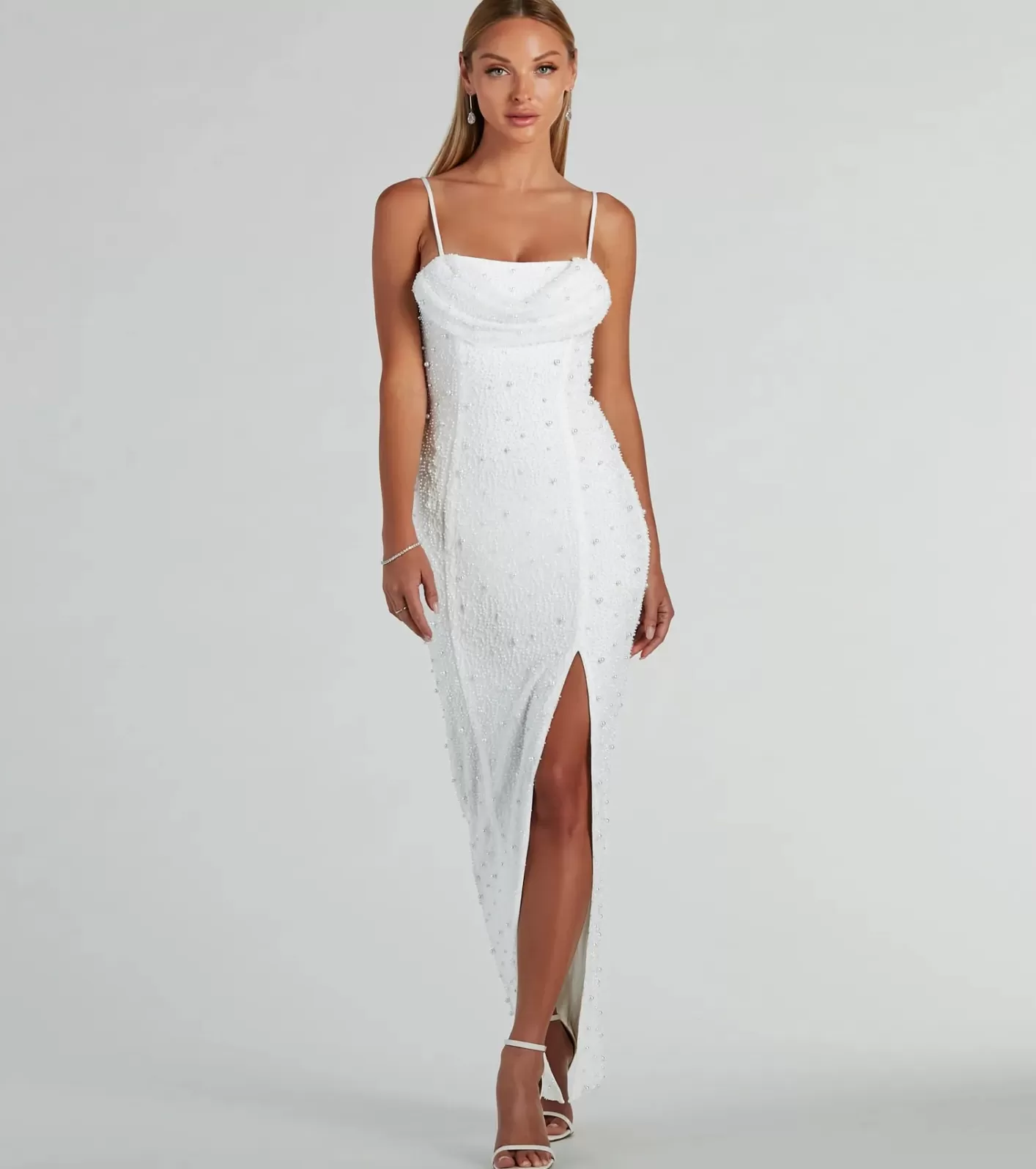 Windsor Klara Cowl Neck Faux Pearl Bead Slim Formal Dress WHITE Discount