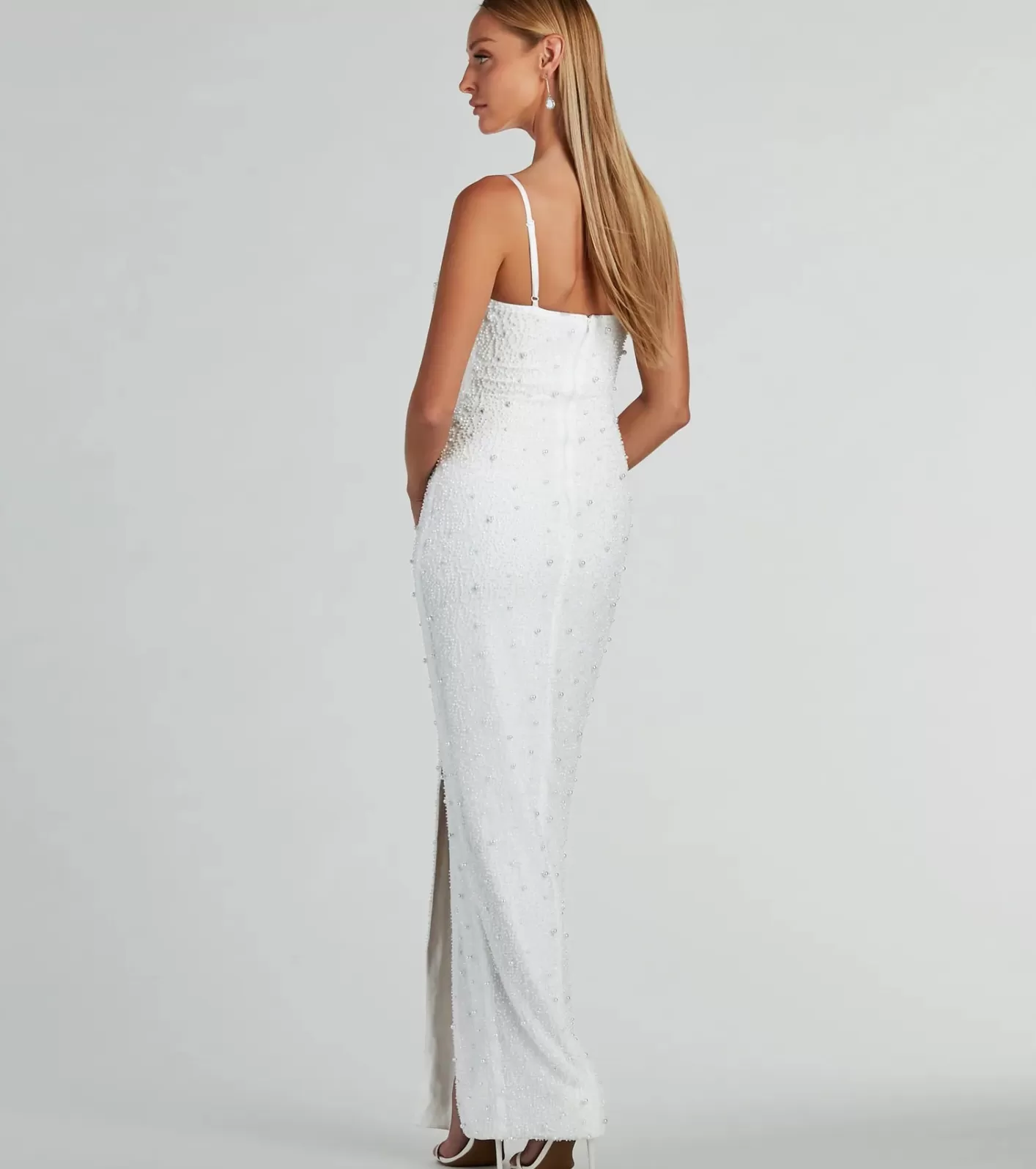 Windsor Klara Cowl Neck Faux Pearl Bead Slim Formal Dress WHITE Discount