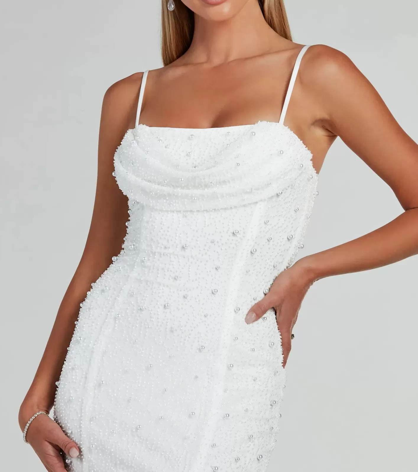 Windsor Klara Cowl Neck Faux Pearl Bead Slim Formal Dress WHITE Discount