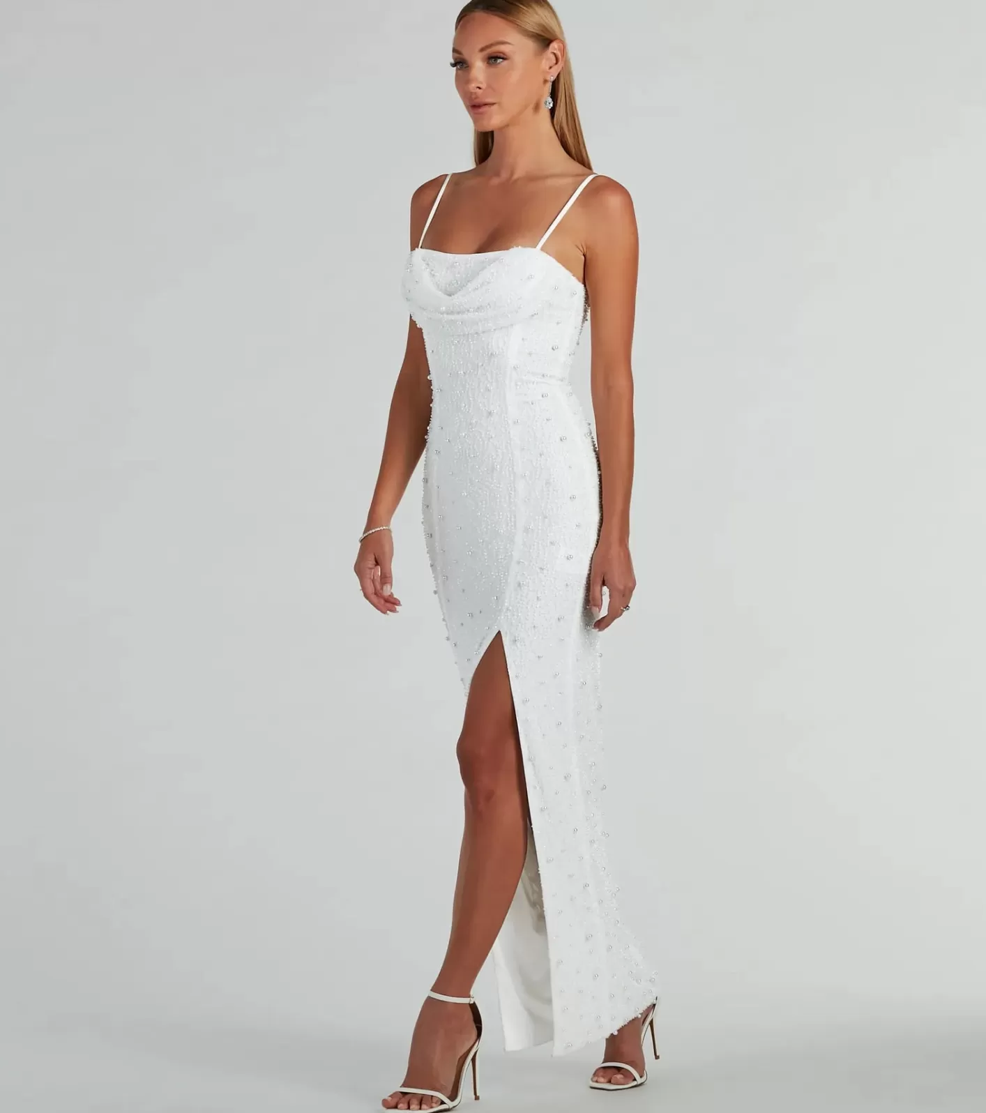 Windsor Klara Cowl Neck Faux Pearl Bead Slim Formal Dress WHITE Discount