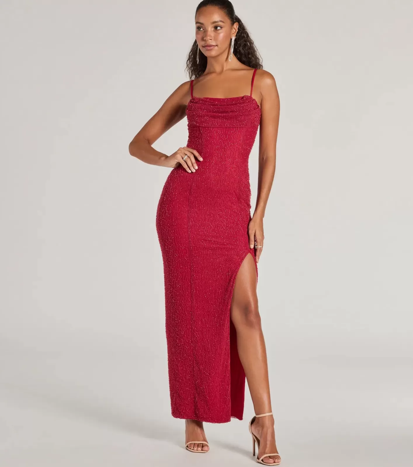 Windsor Klara Cowl Neck Faux Pearl Bead Slim Formal Dress RED Online