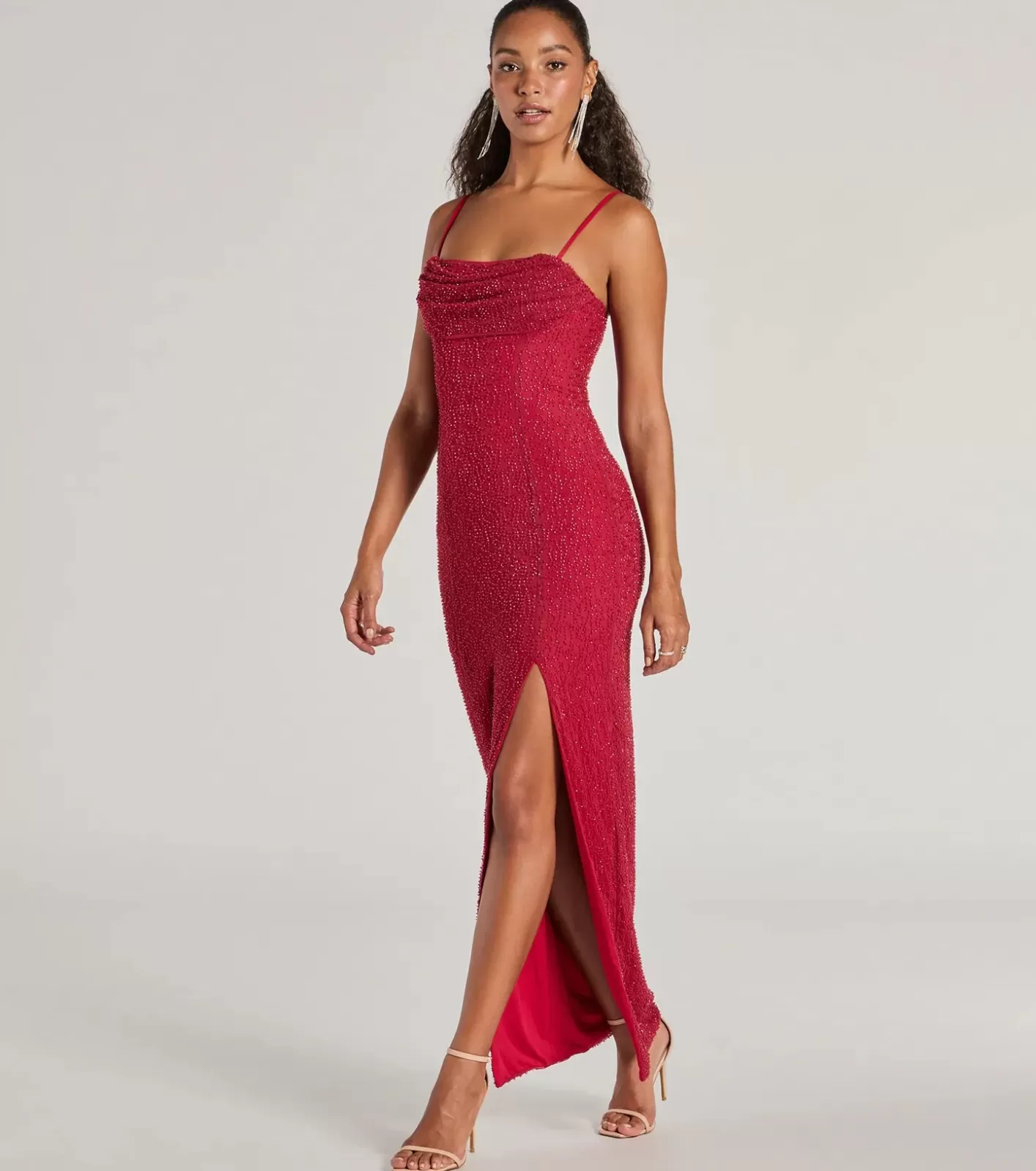 Windsor Klara Cowl Neck Faux Pearl Bead Slim Formal Dress RED Online