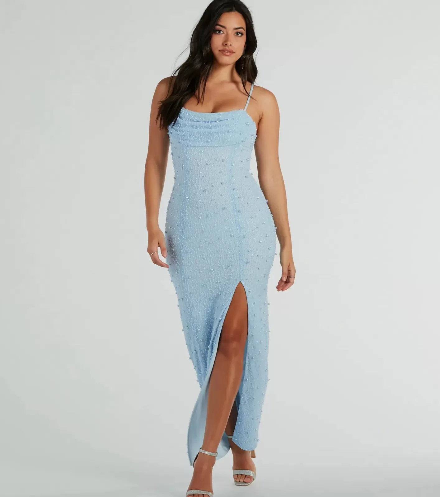 Windsor Klara Cowl Neck Faux Pearl Bead Slim Formal Dress LIGHTBLUE Best