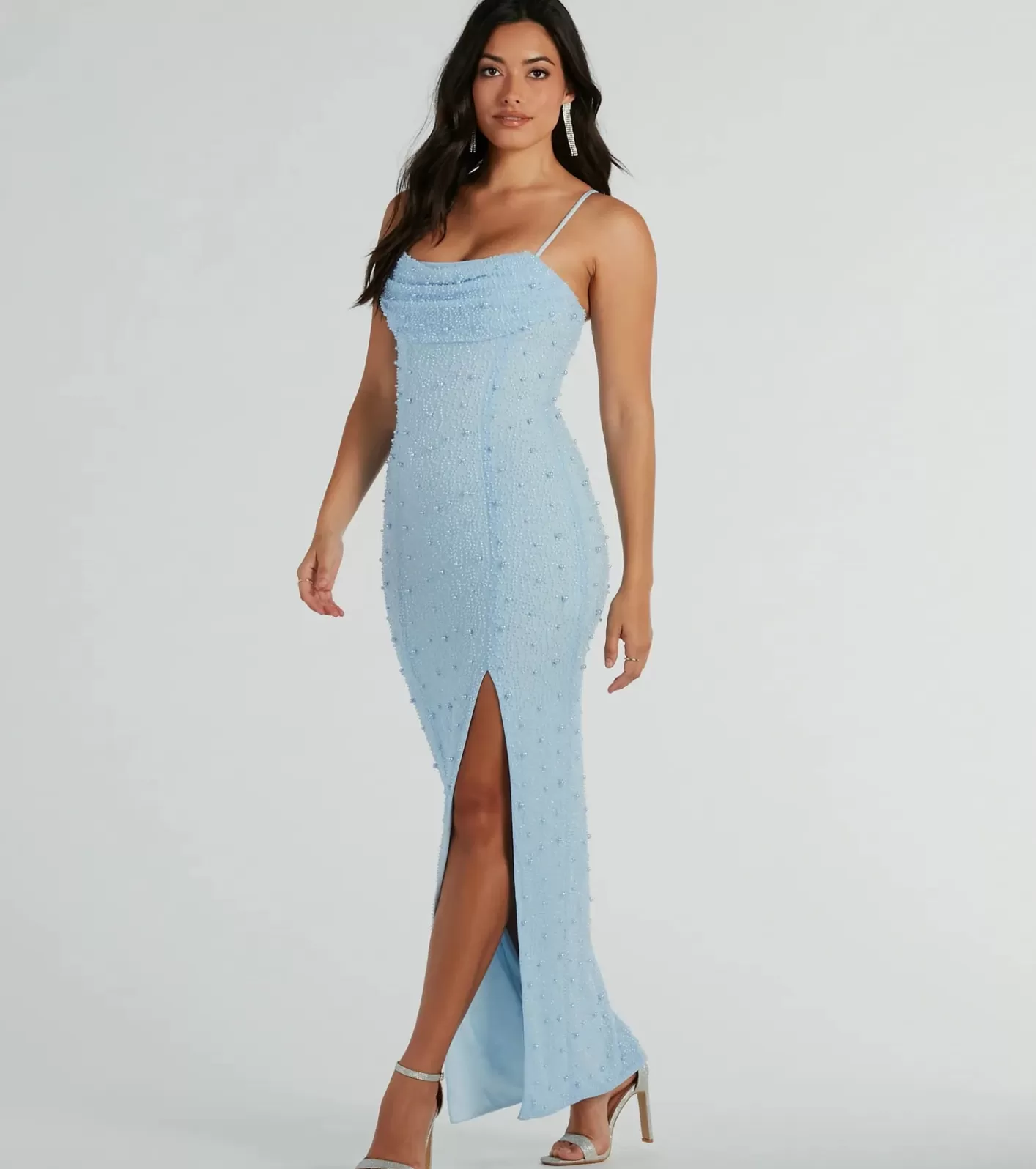 Windsor Klara Cowl Neck Faux Pearl Bead Slim Formal Dress LIGHTBLUE Best