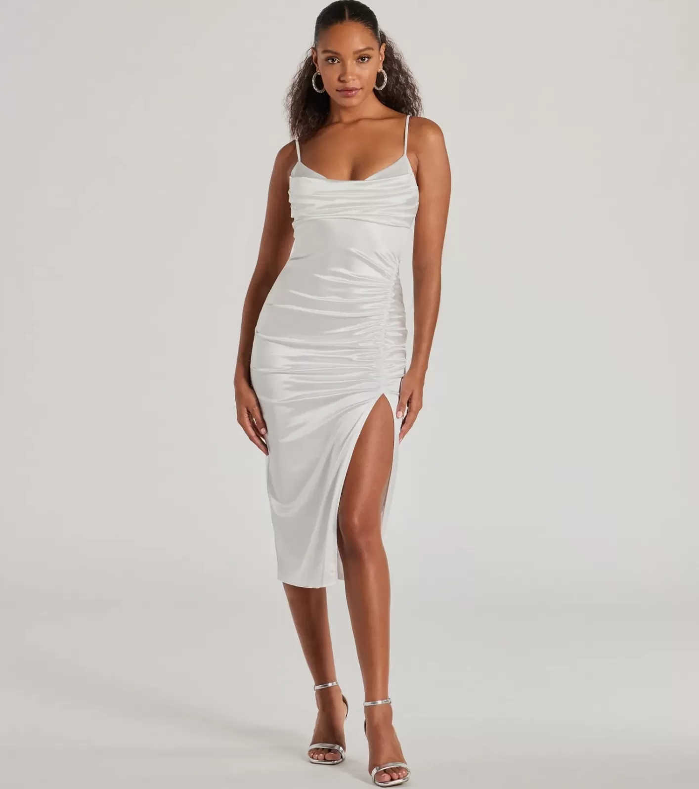 Windsor Kristen Formal Satin Cowl Neck Midi Dress WHITE Best
