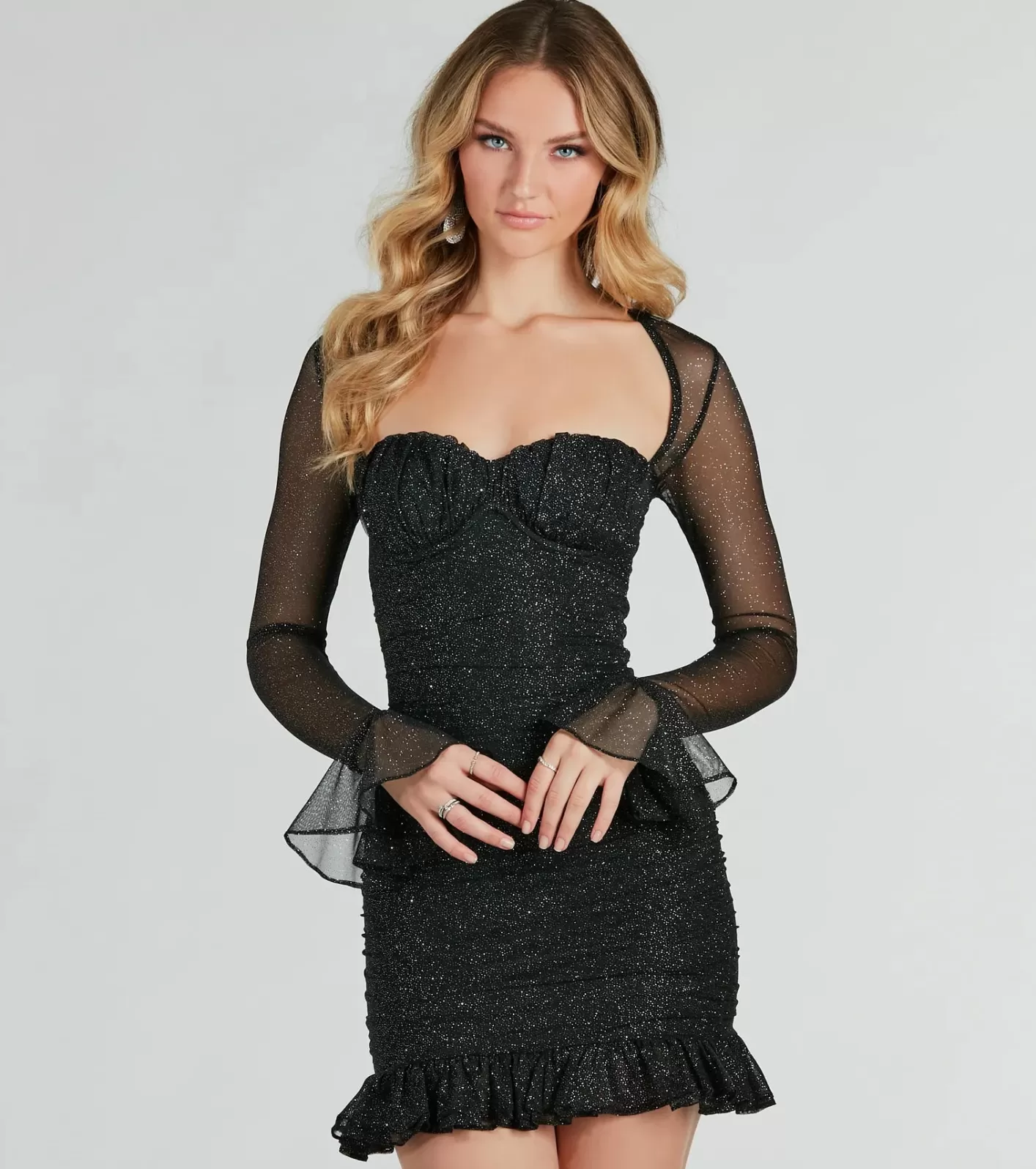 Windsor Kristy Formal Glitter Ruffle Mini Dress BLACK Clearance