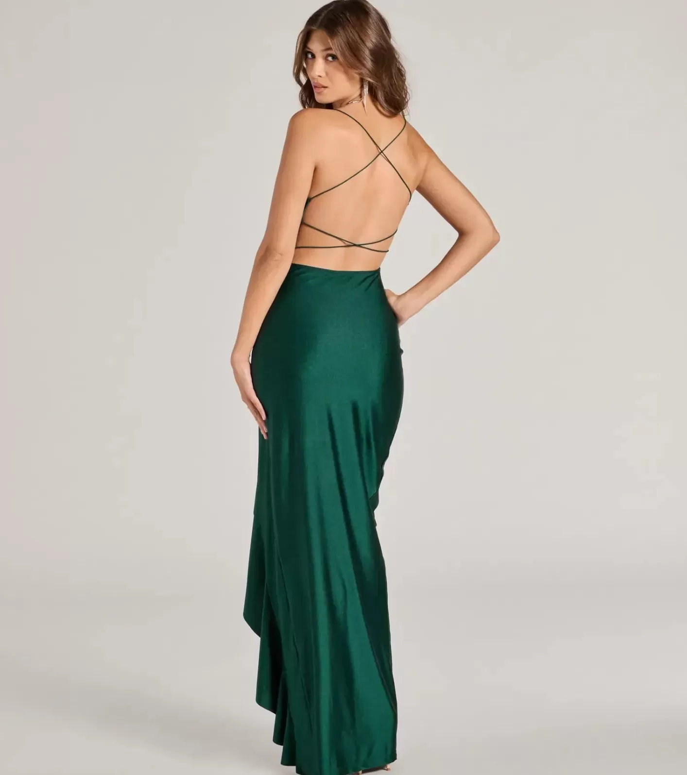 Windsor Lainey Ruffled High Slit Long Formal Dress HUNTER Best Sale