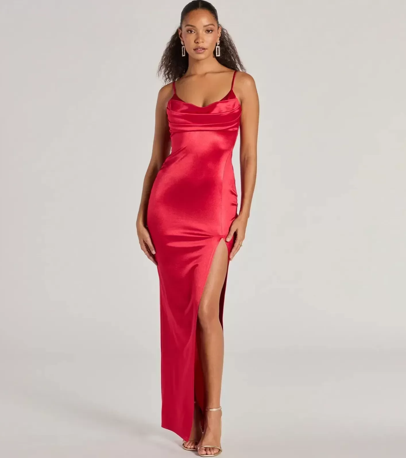 Windsor Laverne Formal Satin Lace-Up Slim Long Dress RED New