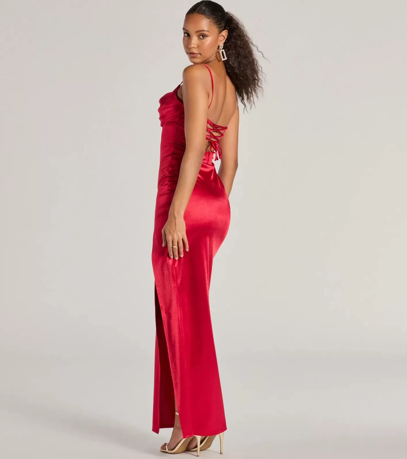 Windsor Laverne Formal Satin Lace-Up Slim Long Dress RED New