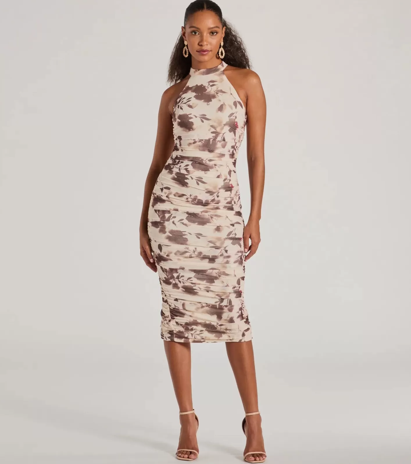 Windsor Leave An Impression Mock Neck Open Back Floral Midi Dress IVORY Cheap