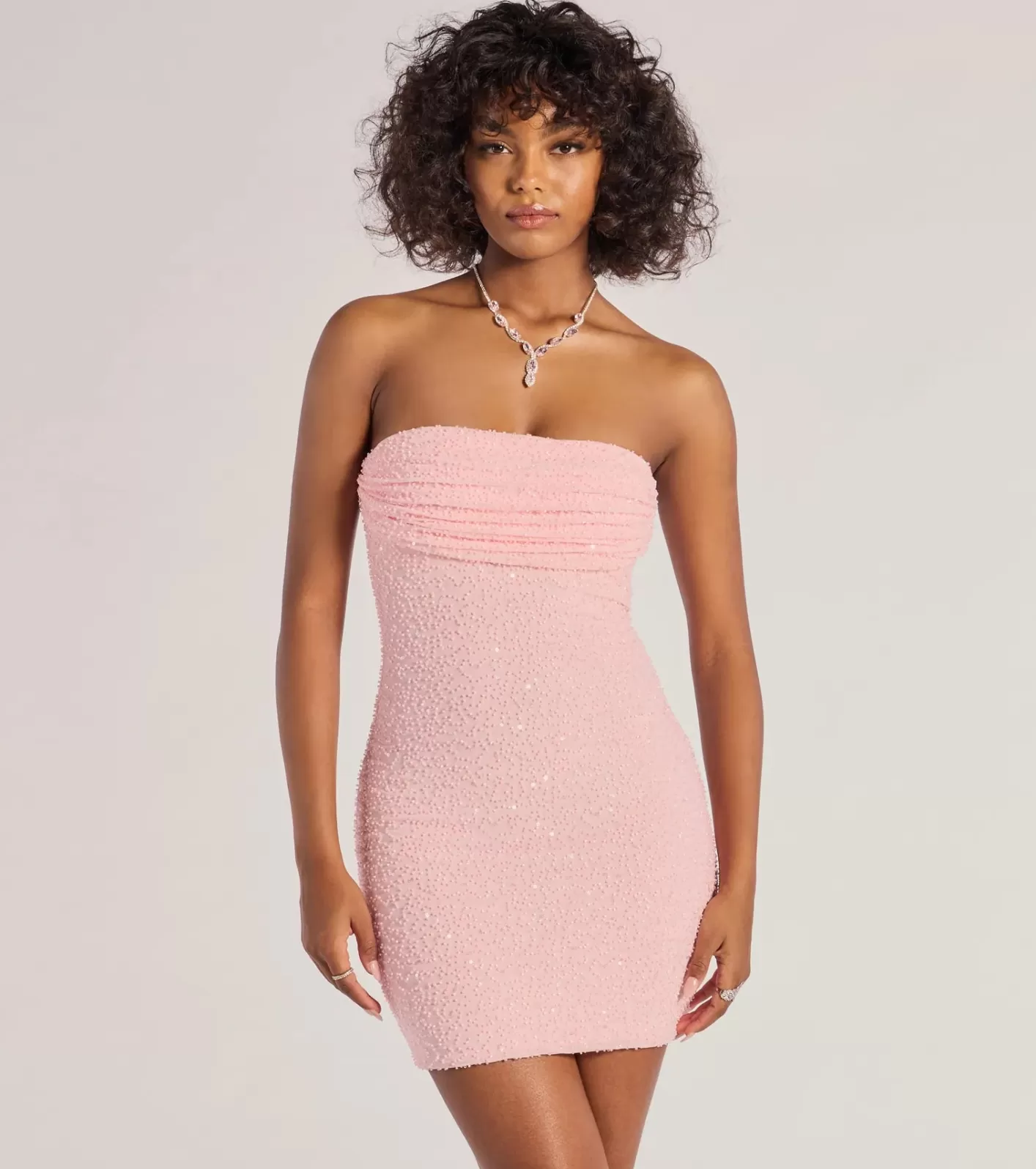 Windsor Lena Strapless Bodycon Beaded Mesh Mini Dress PINK Flash Sale