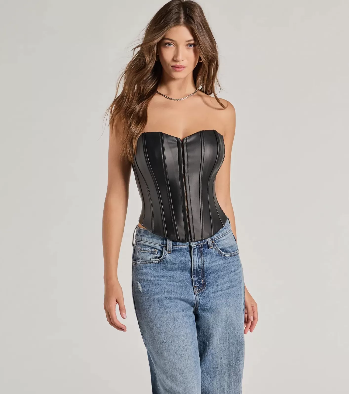 Windsor Level Up Sleek Faux Leather Strapless Corset Top BLACK Discount