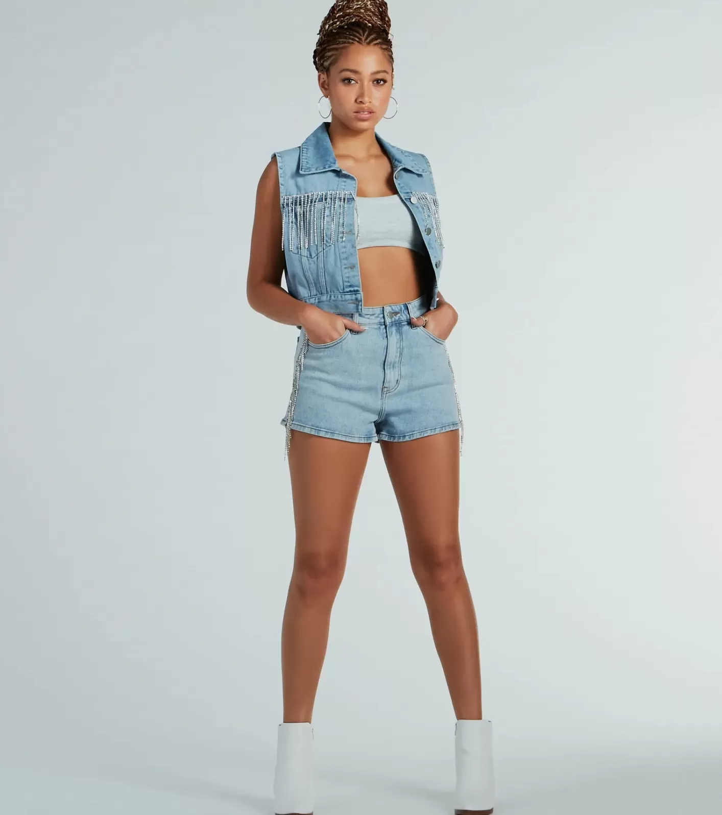 Windsor Life Of the Party Rhinestone Fringe Denim Shorts MEDIUMDENIM Sale