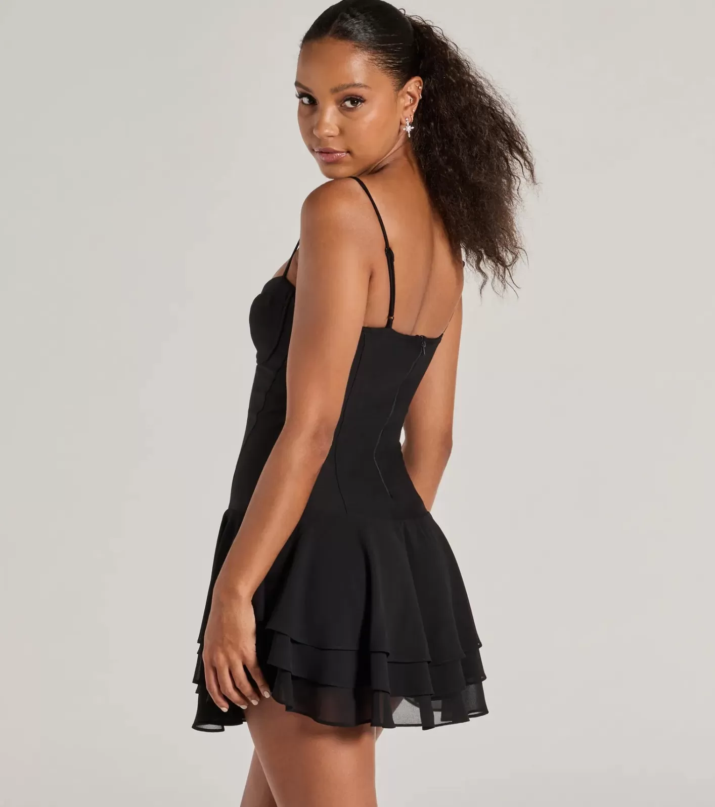 Windsor Life Of The Party Tiered Ruffled Skater Dress BLACK Best Sale