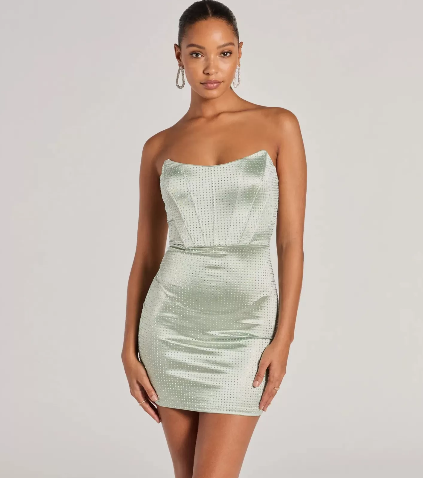 Windsor Lily Strapless Corset Rhinestone Satin Mini Dress SAGE Discount