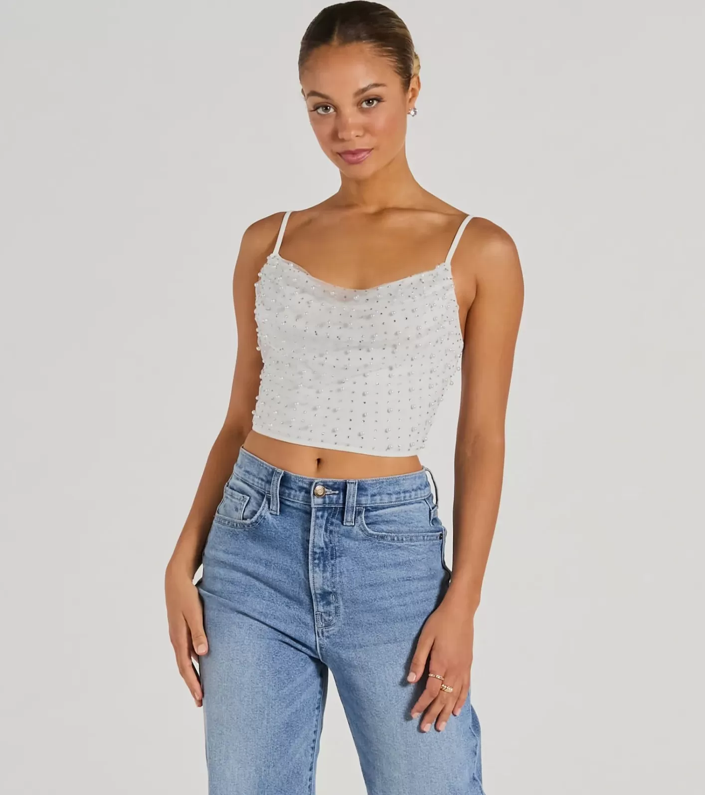 Windsor Little Moment For Faux Pearl Rhinestone Crop Top IVORY Best Sale