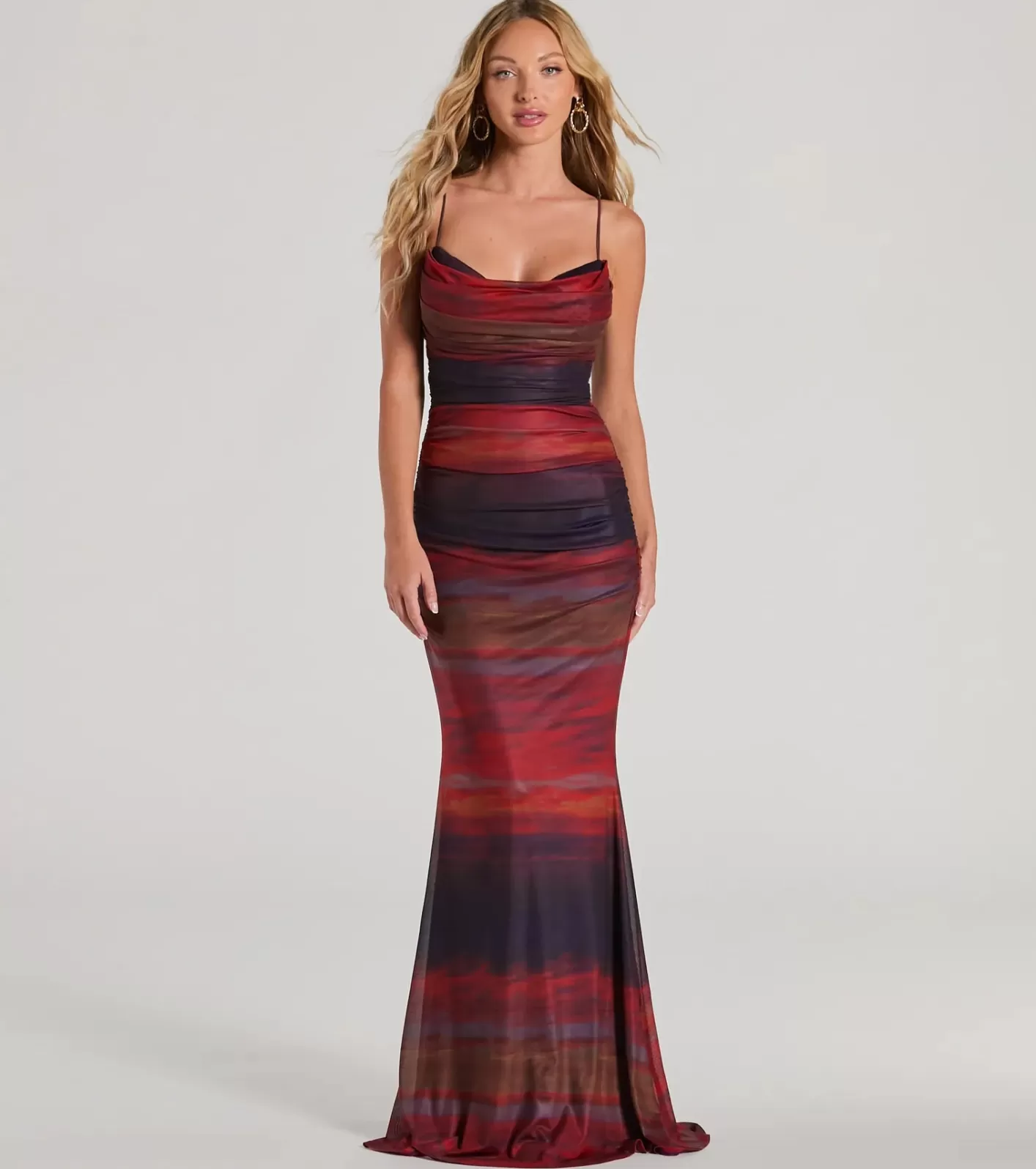 Windsor Liv Cowl Neck Abstract Mermaid Formal Dress RED New