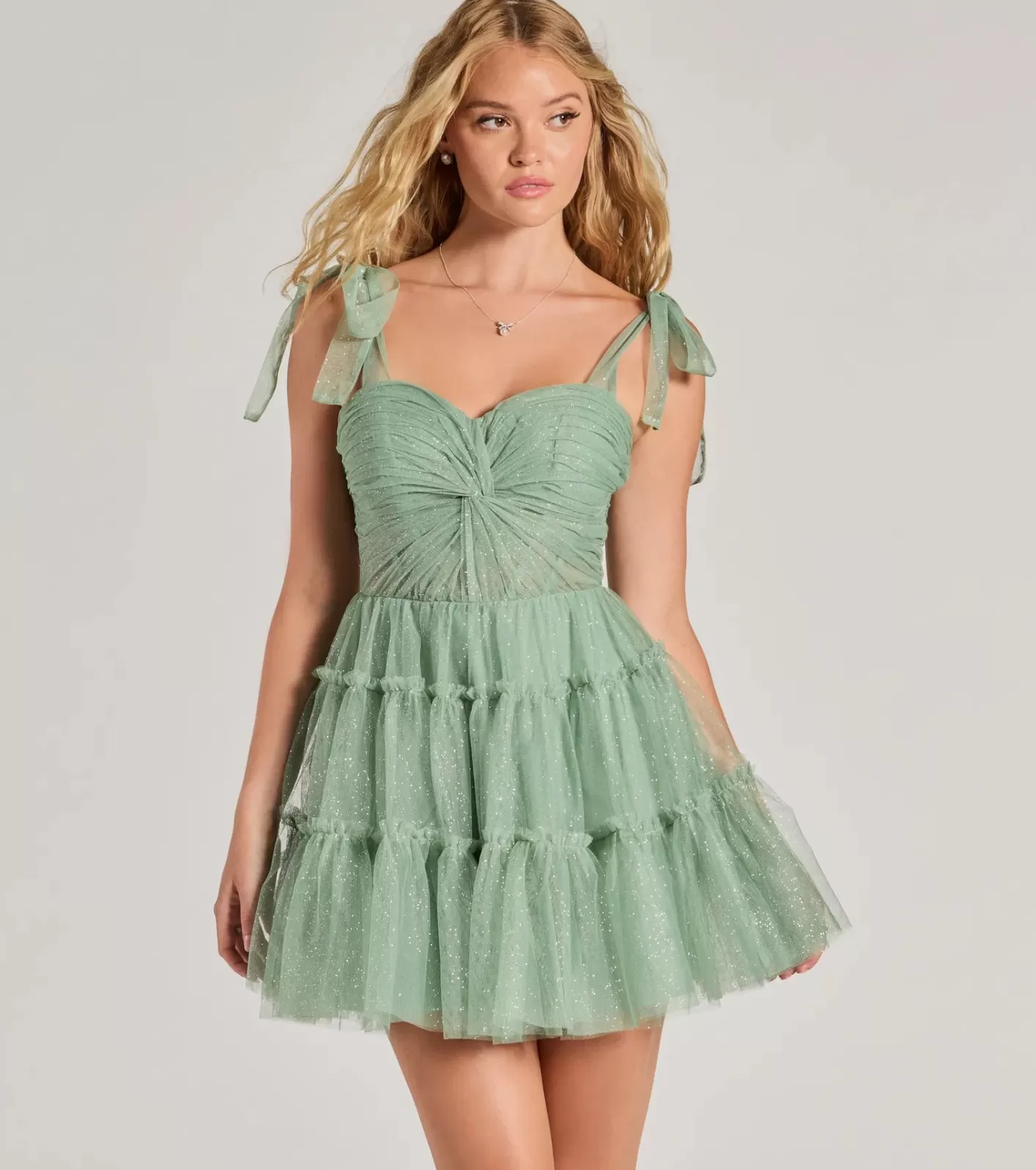 Windsor Lizzy Ruffled Glitter Mesh Skater Dress SAGE Store