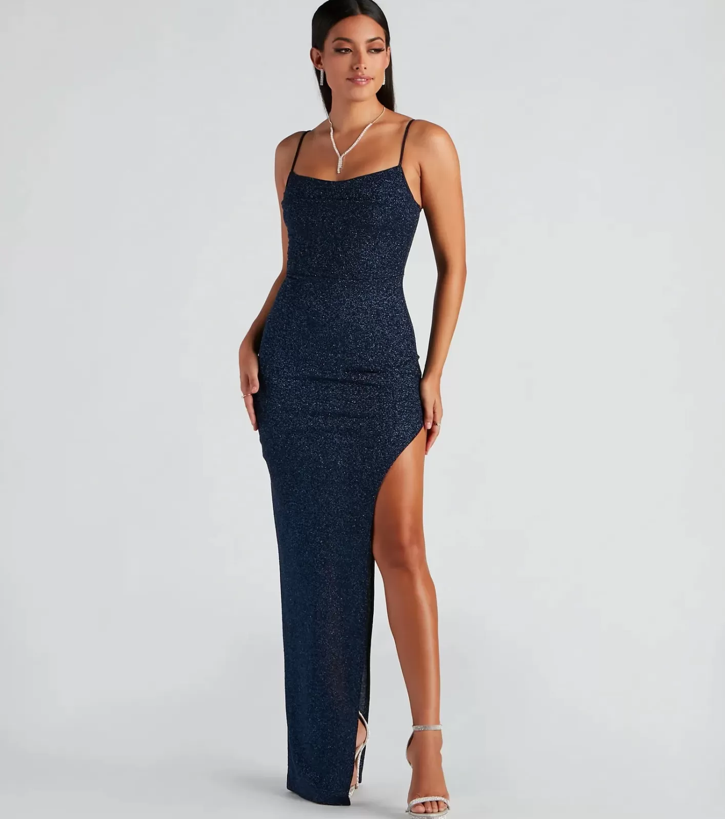 Windsor Lola Formal High Slit Glitzy Glitter Dress NAVY Hot