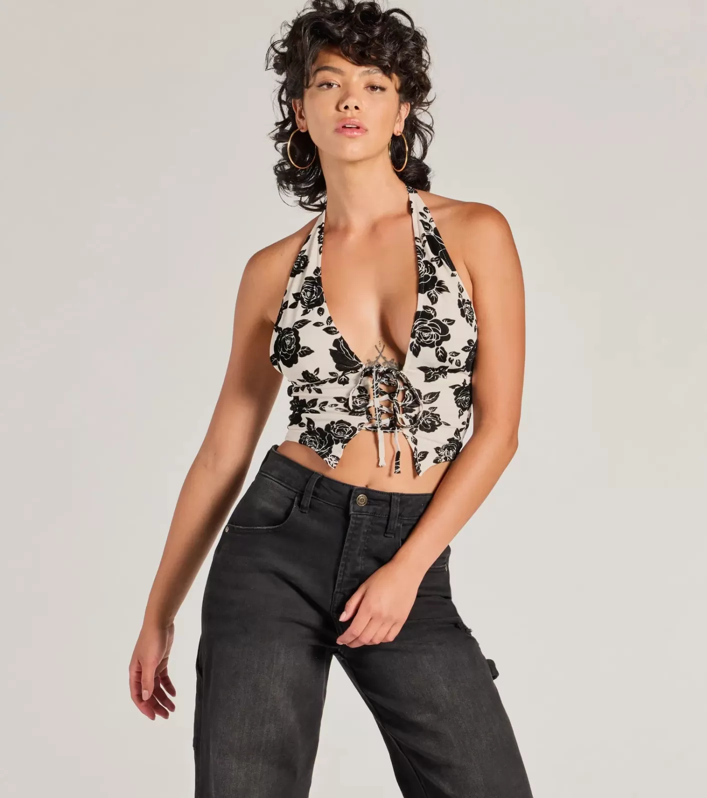 Windsor Love For Chic Flocked Floral Halter Crop Top OFFWHITE Cheap