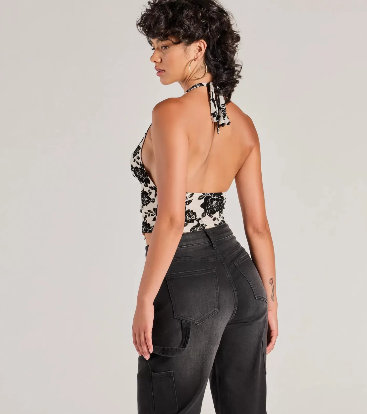 Windsor Love For Chic Flocked Floral Halter Crop Top OFFWHITE Cheap
