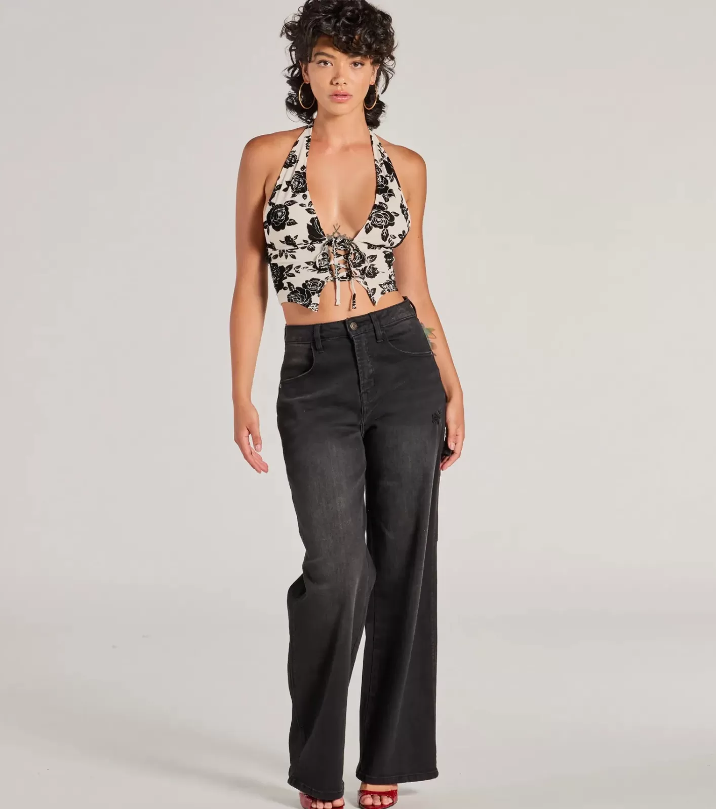 Windsor Love For Chic Flocked Floral Halter Crop Top OFFWHITE Cheap