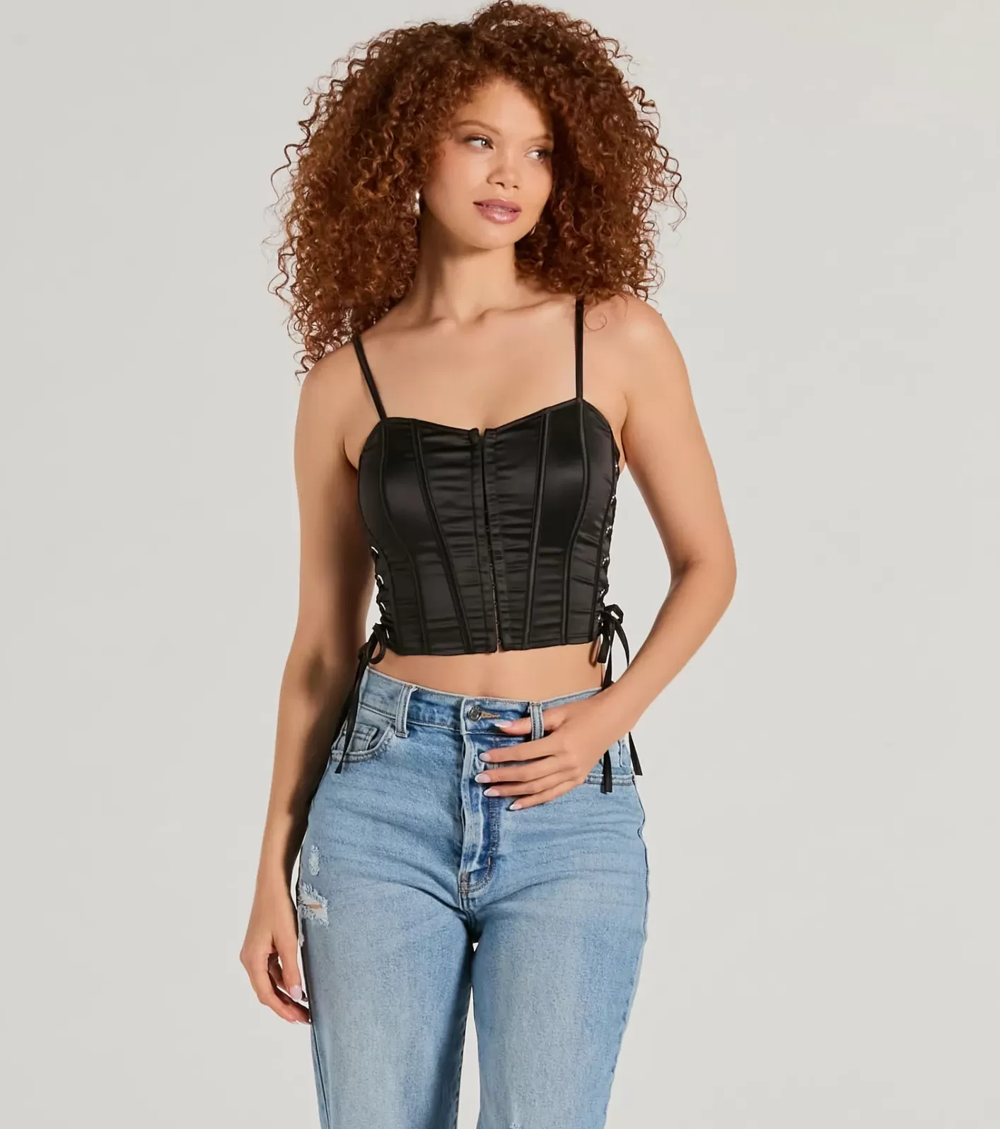 Windsor Love It Lace-Up Satin Cropped Corset Top BLACK Outlet