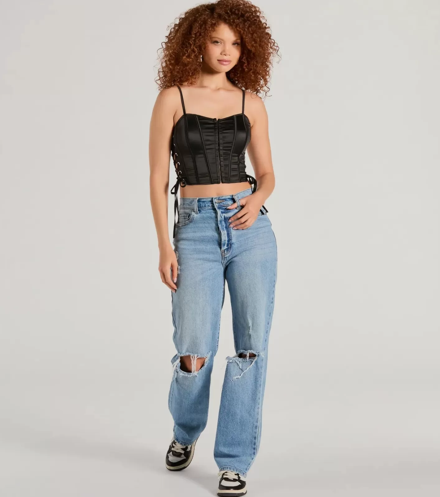 Windsor Love It Lace-Up Satin Cropped Corset Top BLACK Outlet