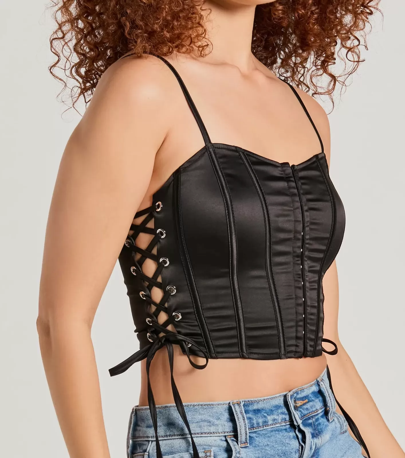 Windsor Love It Lace-Up Satin Cropped Corset Top BLACK Outlet