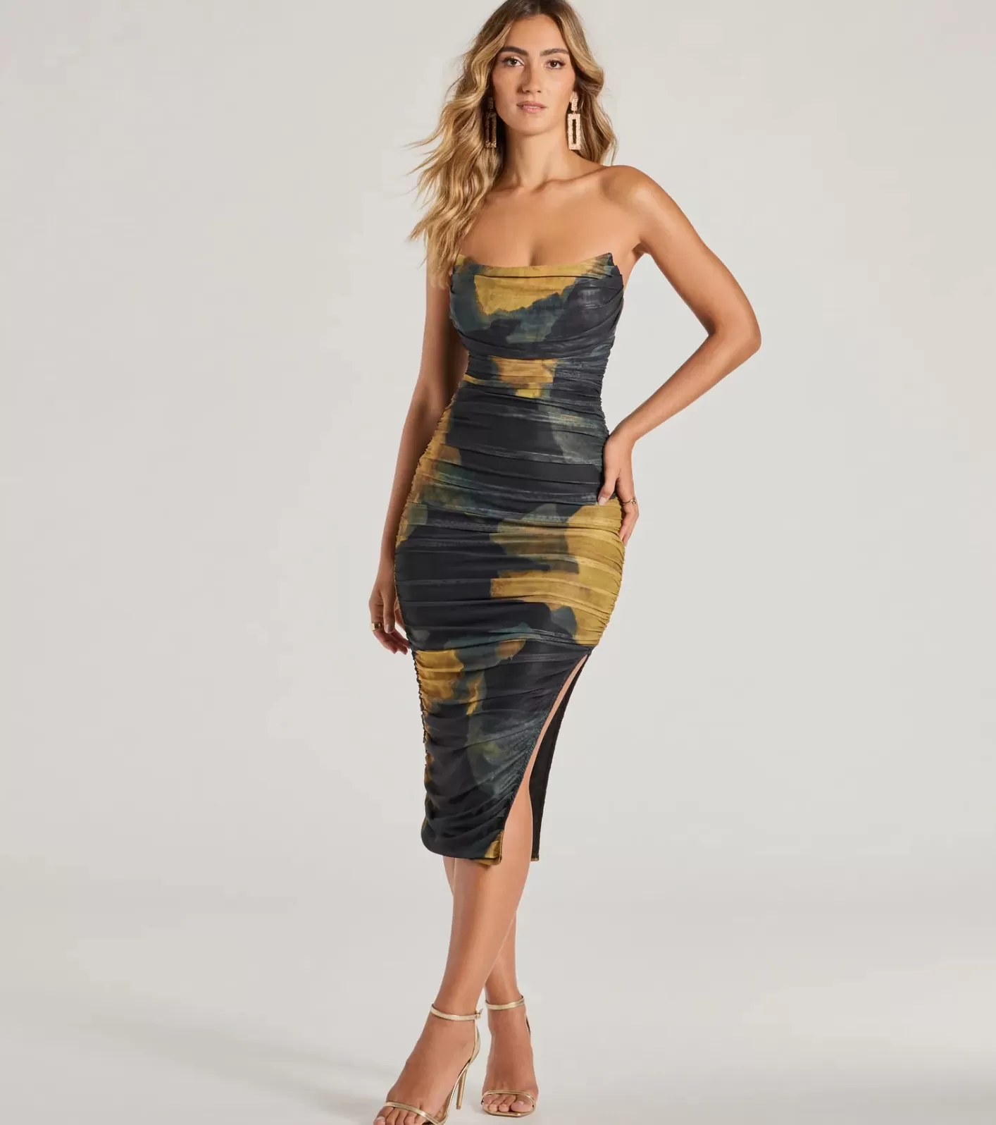 Windsor Luminous Allure Strapless Corset Abstract Midi Dress BLACK Shop