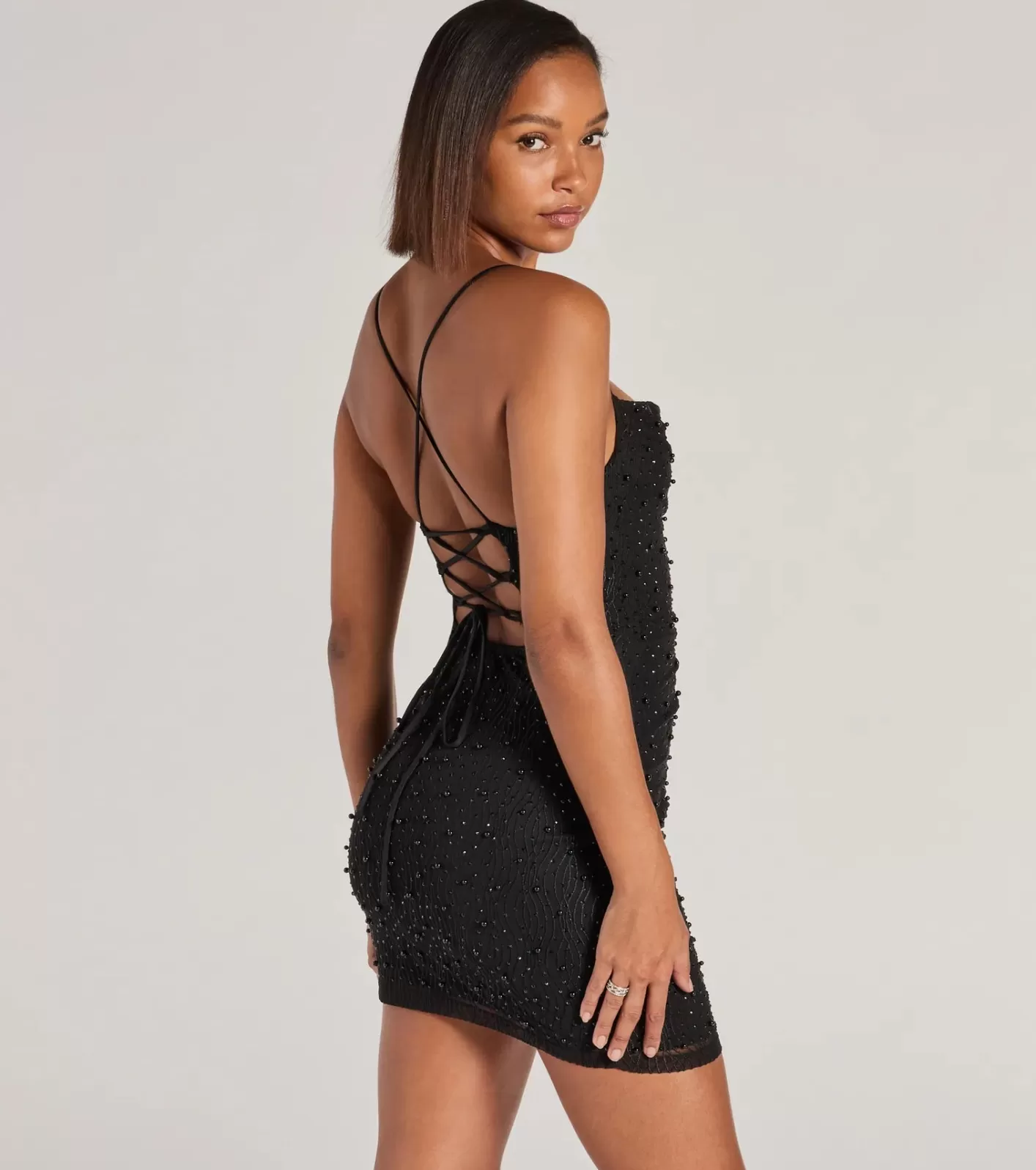 Windsor Luxe Design Lace-Up Pearl Rhinestone Mini Dress BLACK Outlet