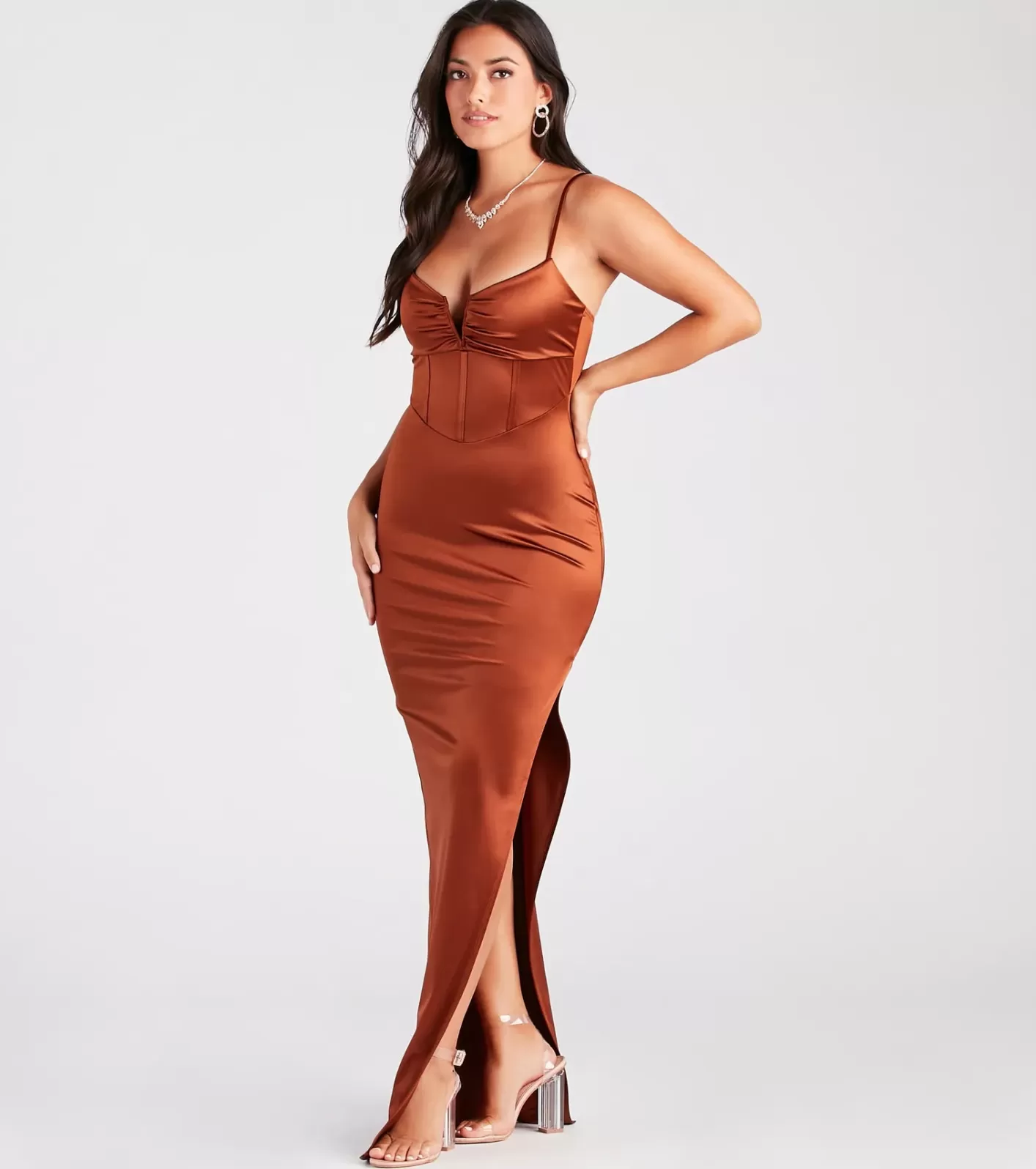 Windsor Maisie Formal Satin Corset Slim Long Dress BROWN Sale