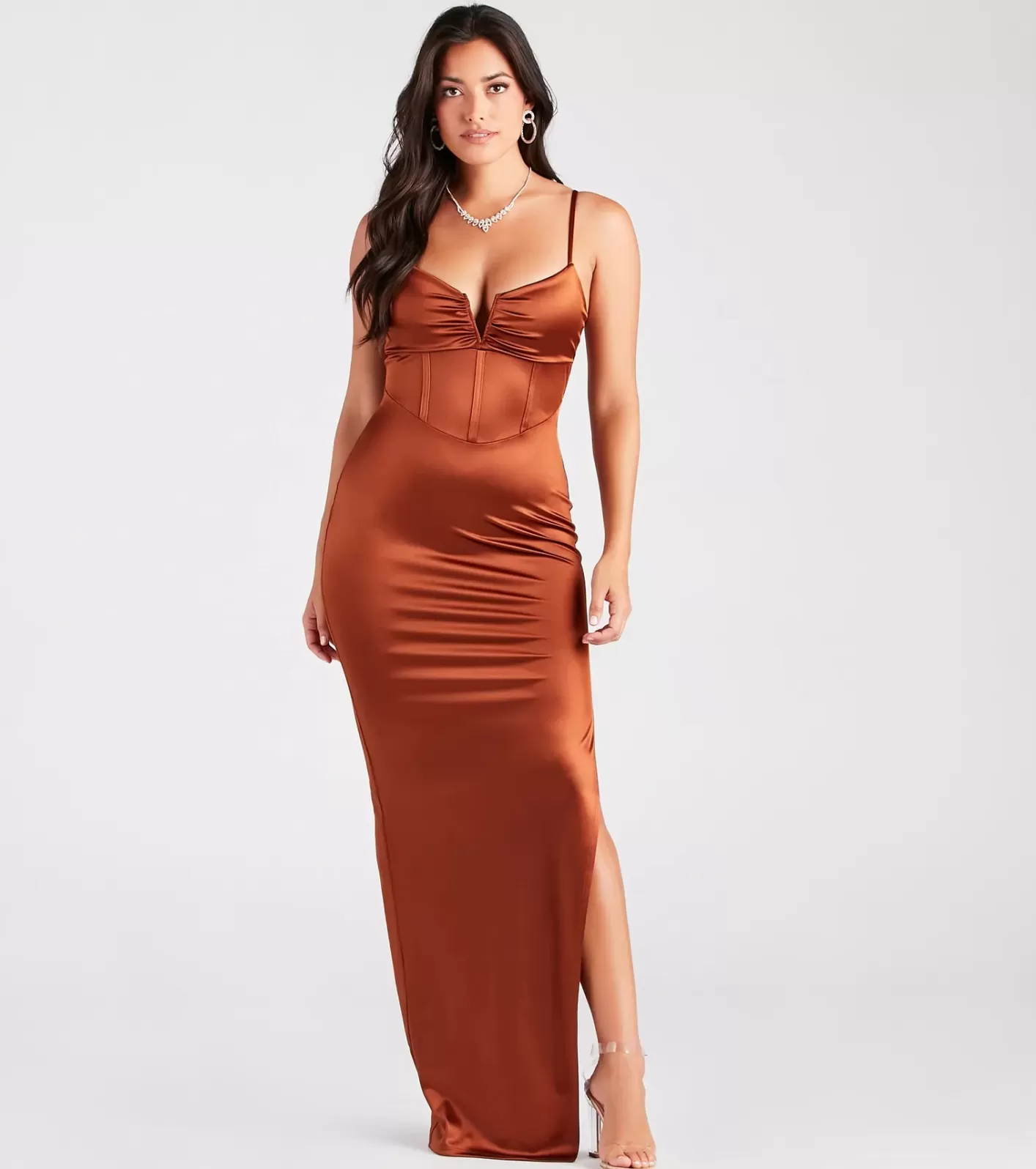 Windsor Maisie Formal Satin Corset Slim Long Dress BROWN Sale