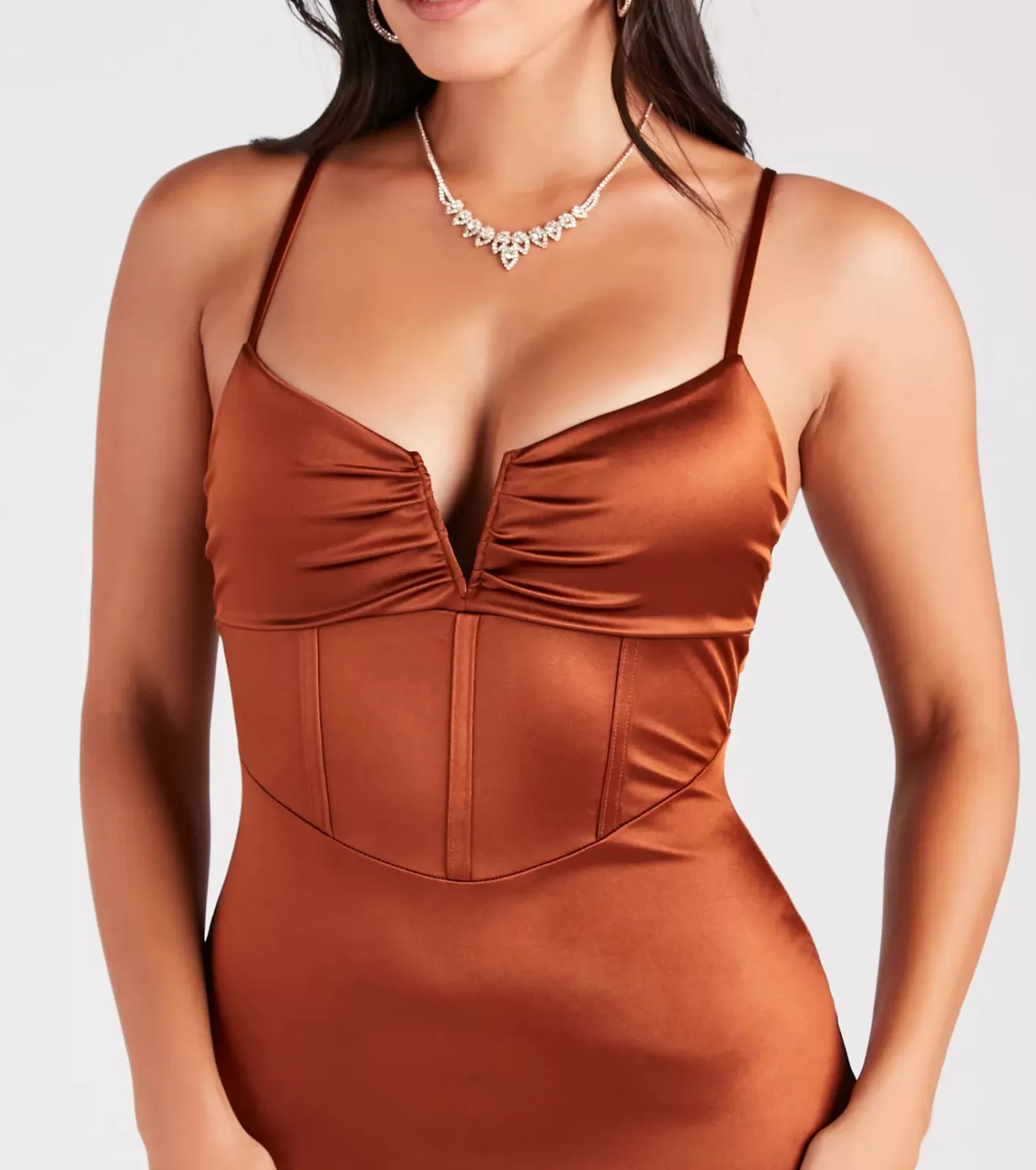 Windsor Maisie Formal Satin Corset Slim Long Dress BROWN Sale