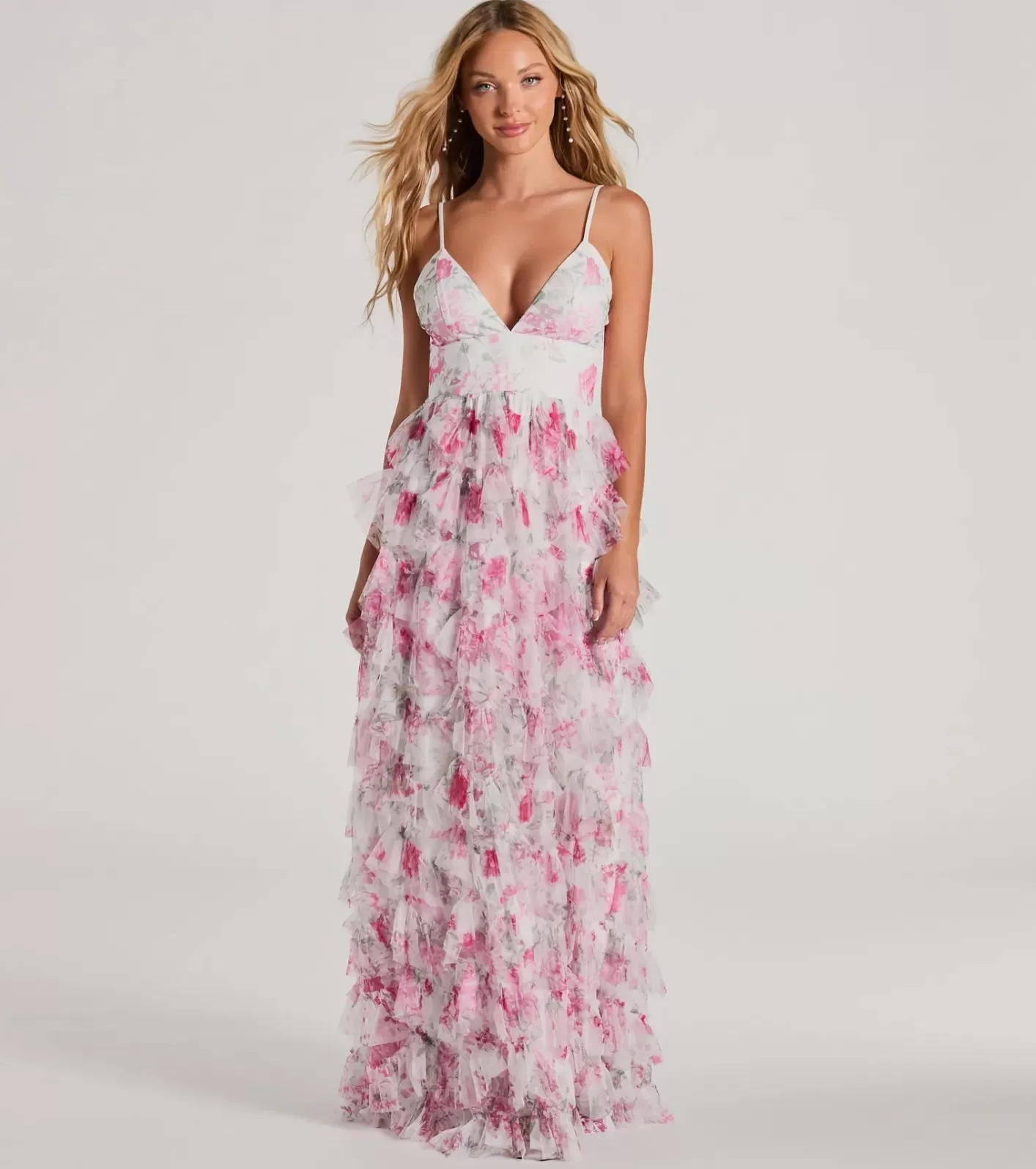 Windsor Maisie V-Neck Ruffle Floral A-Line Formal Dress WHITE Best