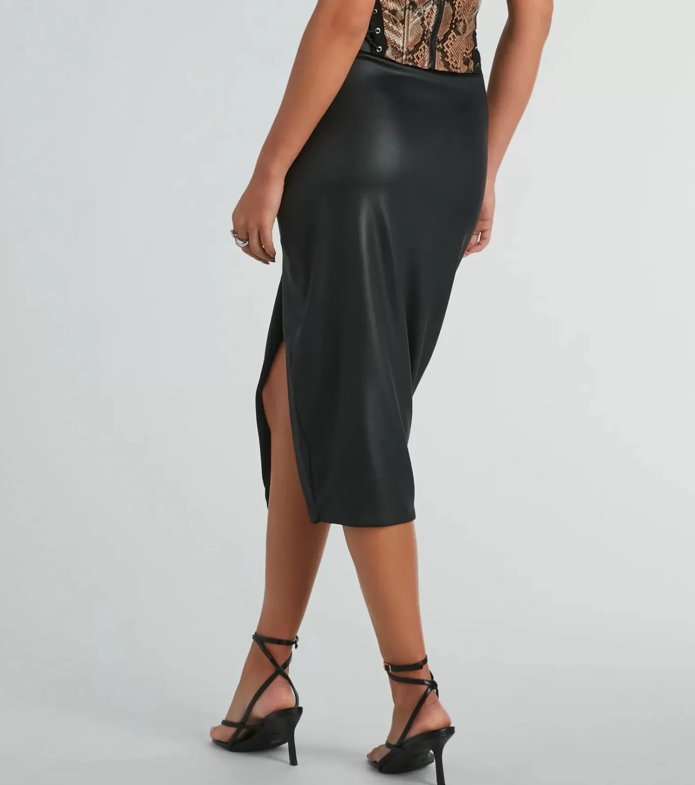 Windsor Major Bae High-Rise Faux Leather Midi Skirt BLACK Best