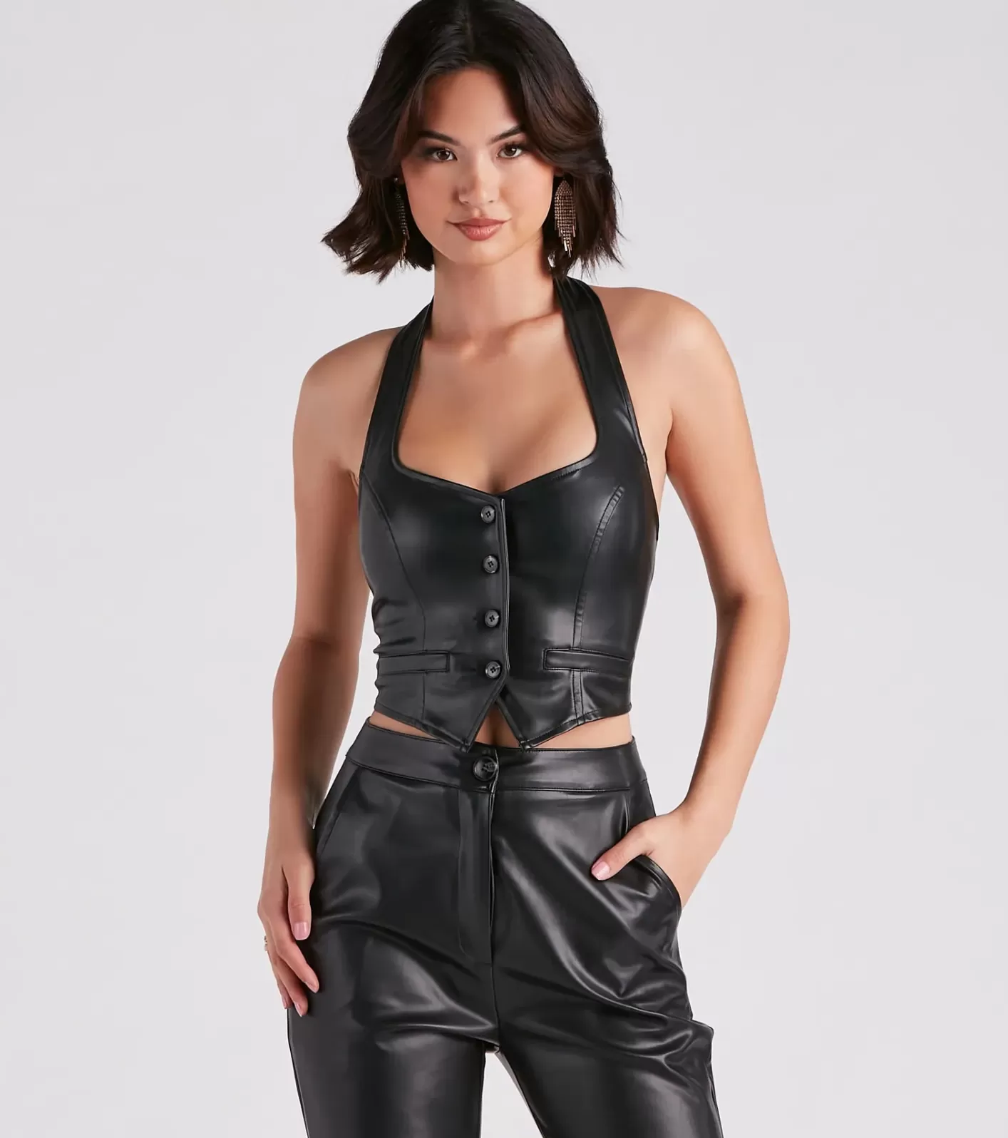 Windsor Major Slay Faux Leather Cropped Vest BLACK New