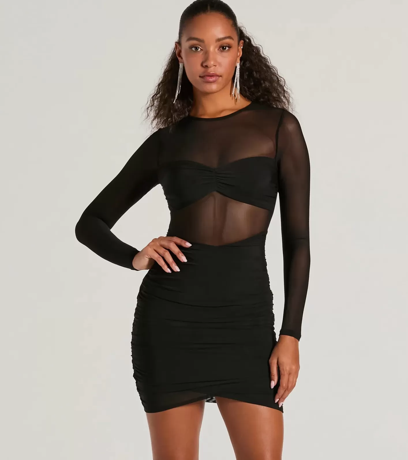 Windsor Major VIP Long Sleeve Sheer Mesh Bodycon Mini Dress BLACK Fashion