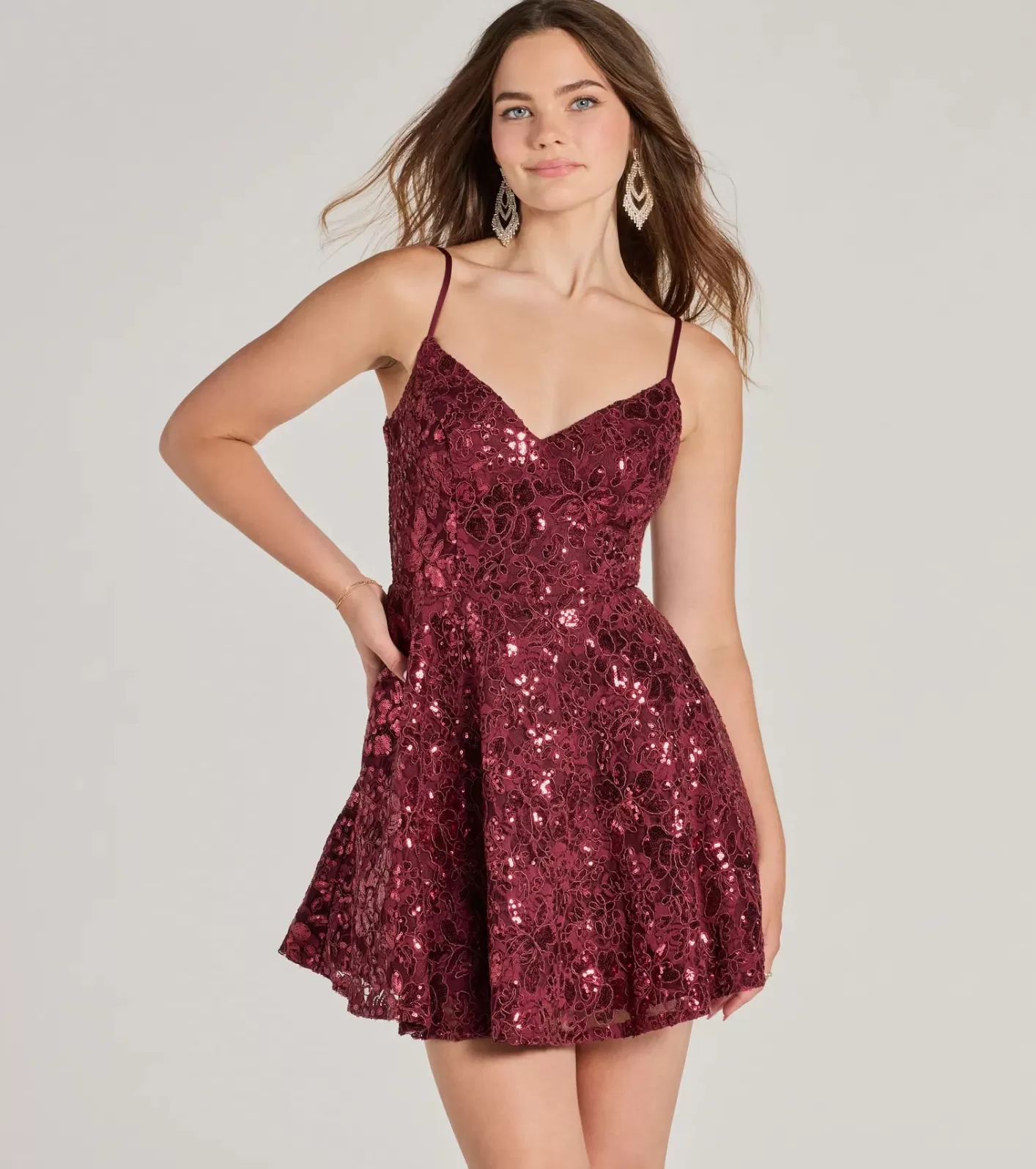 Windsor Mandee V-Neck Lace Skater Dress With Pockets WINE Cheap
