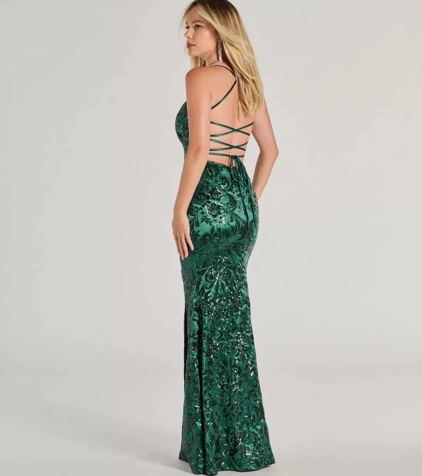 Windsor Marisol Lace-Up Mermaid Sequin Satin Formal Dress HUNTER Shop