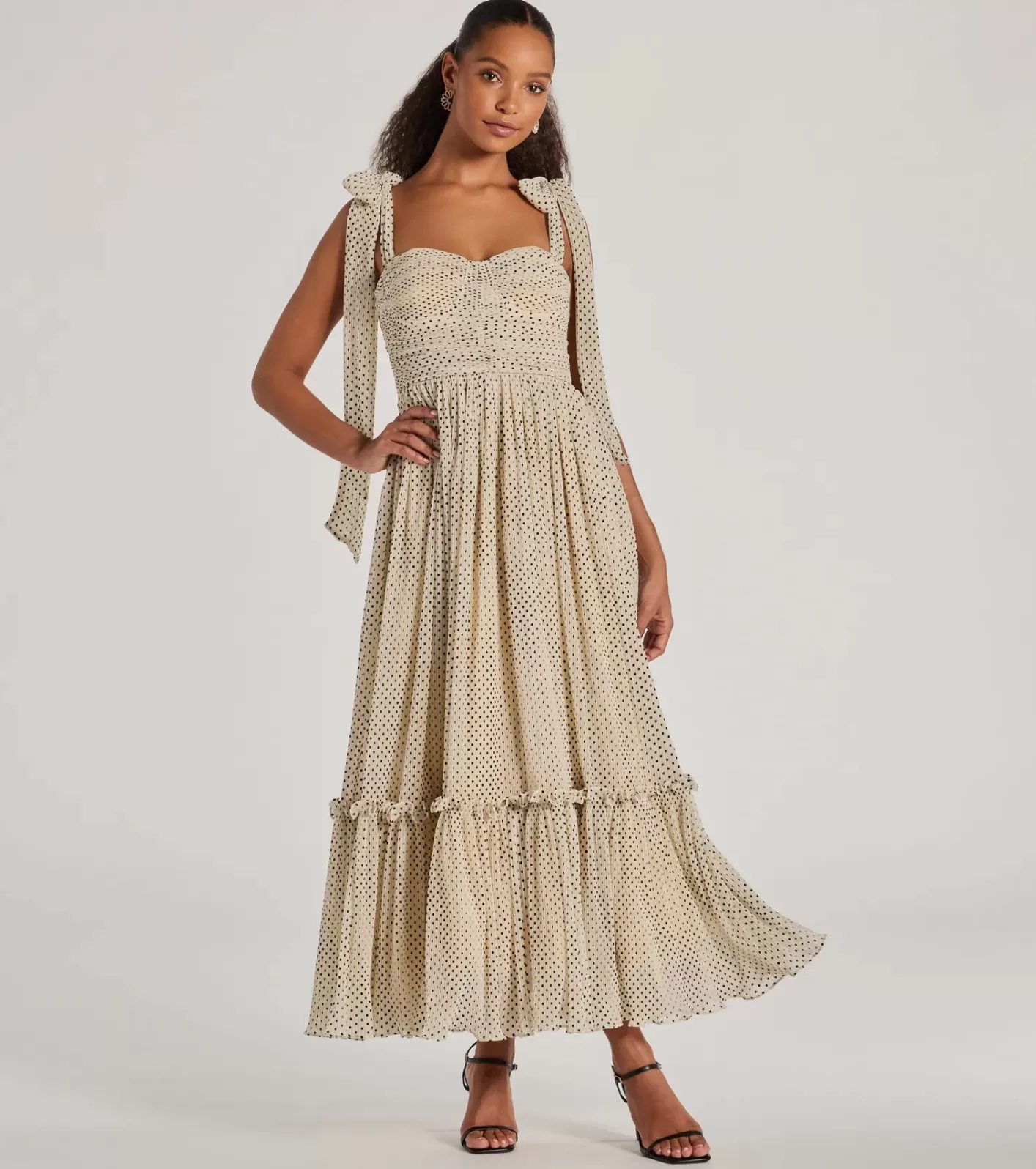 Windsor Marnie Sweetheart Tie Strap Polka Dot Formal Midi Dress BEIGE Hot