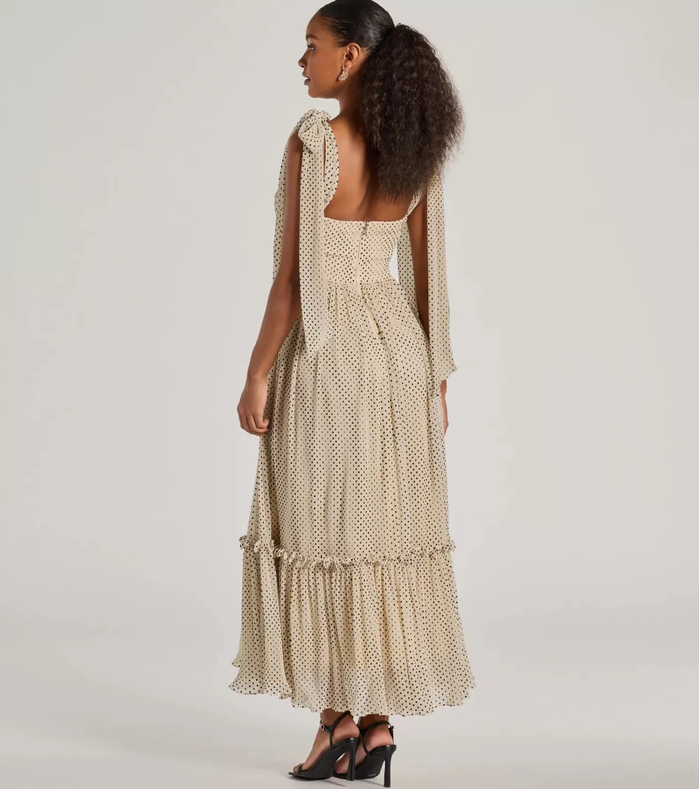 Windsor Marnie Sweetheart Tie Strap Polka Dot Formal Midi Dress BEIGE Hot