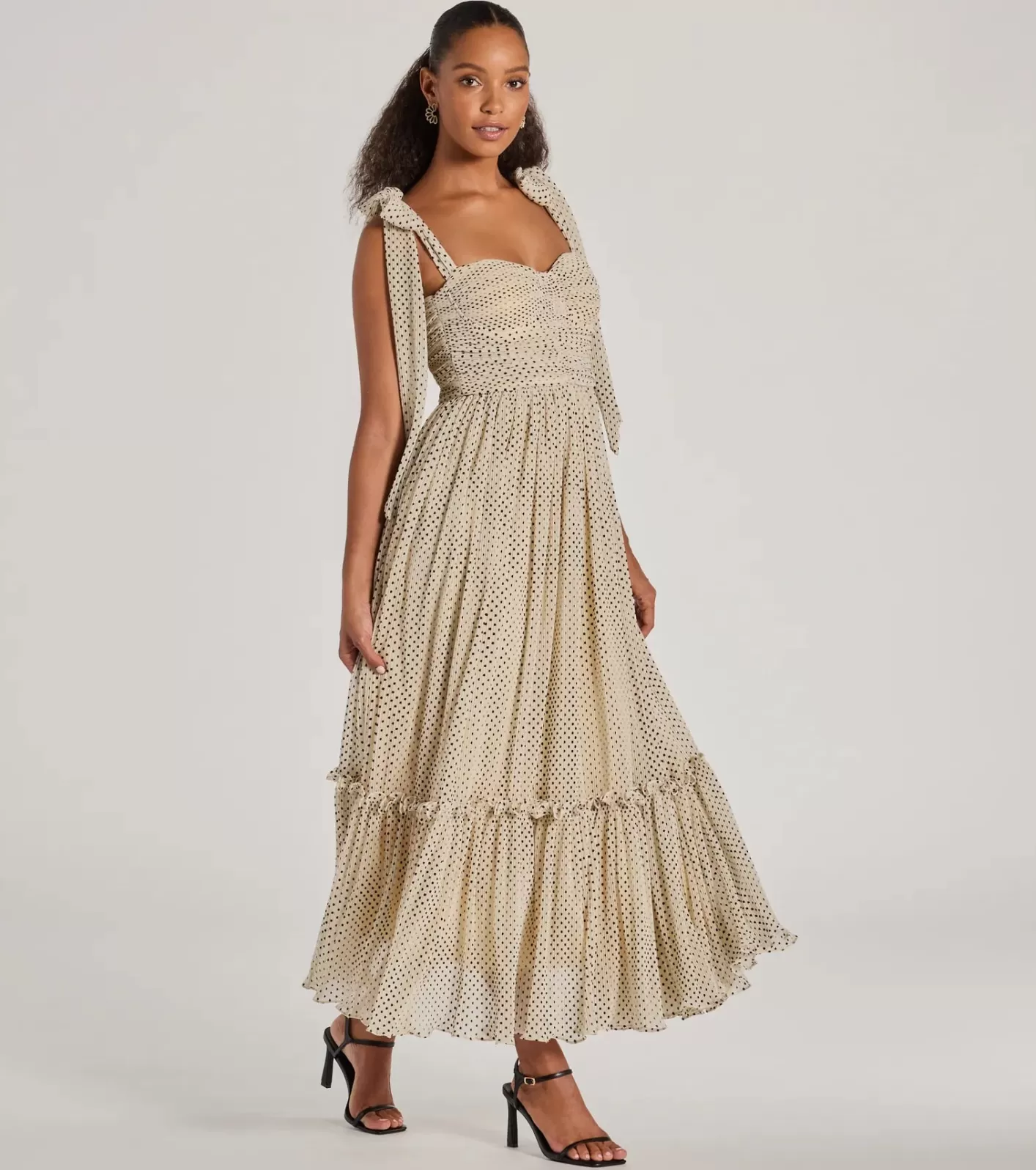Windsor Marnie Sweetheart Tie Strap Polka Dot Formal Midi Dress BEIGE Hot