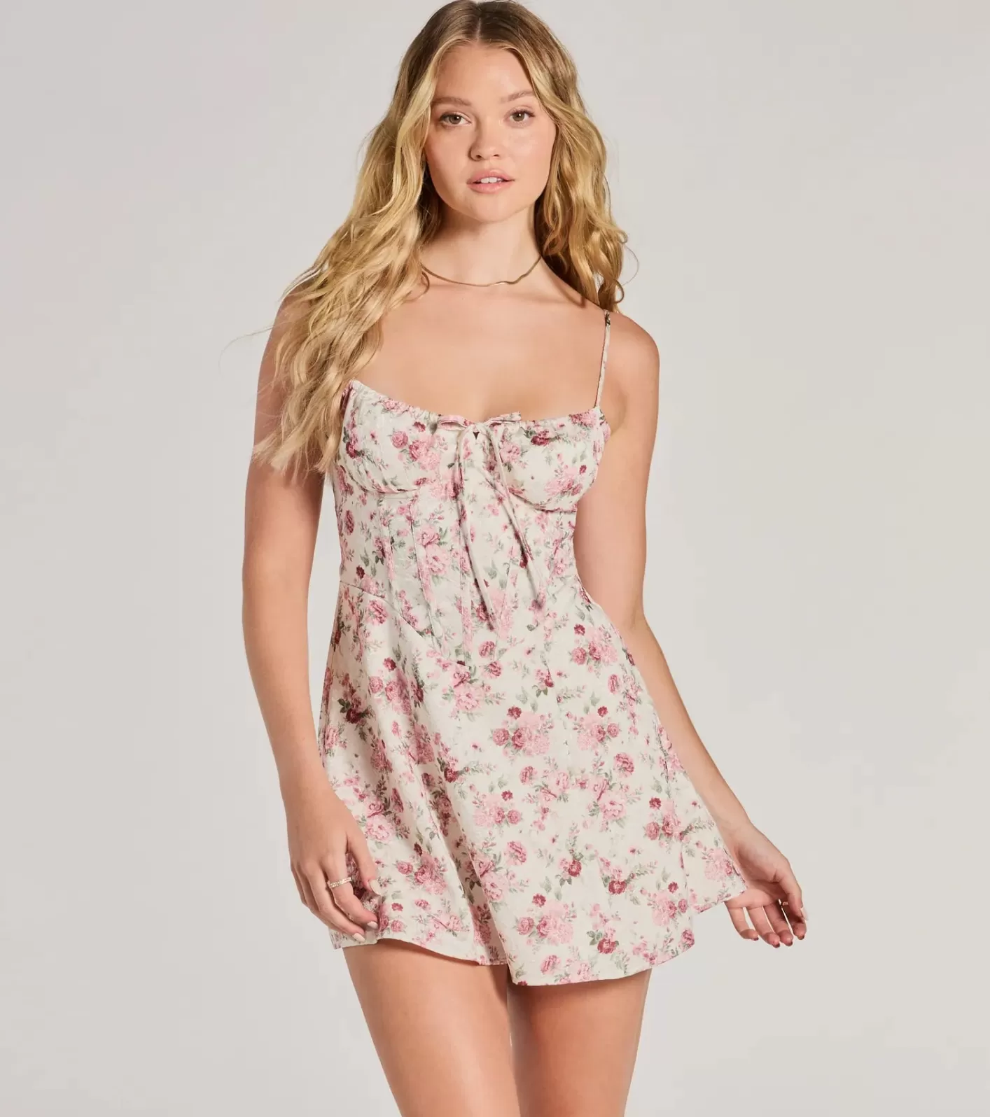 Windsor Marvelous Blooms Lace-Up Corset Floral Skater Dress IVORY Hot