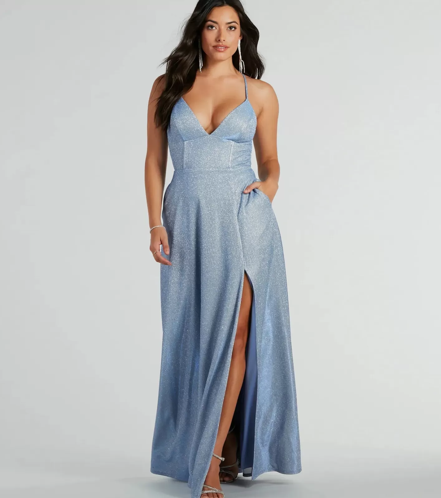 Windsor Mary Lace Up A-Line Glitter Formal Dress With Pockets DENIM Clearance