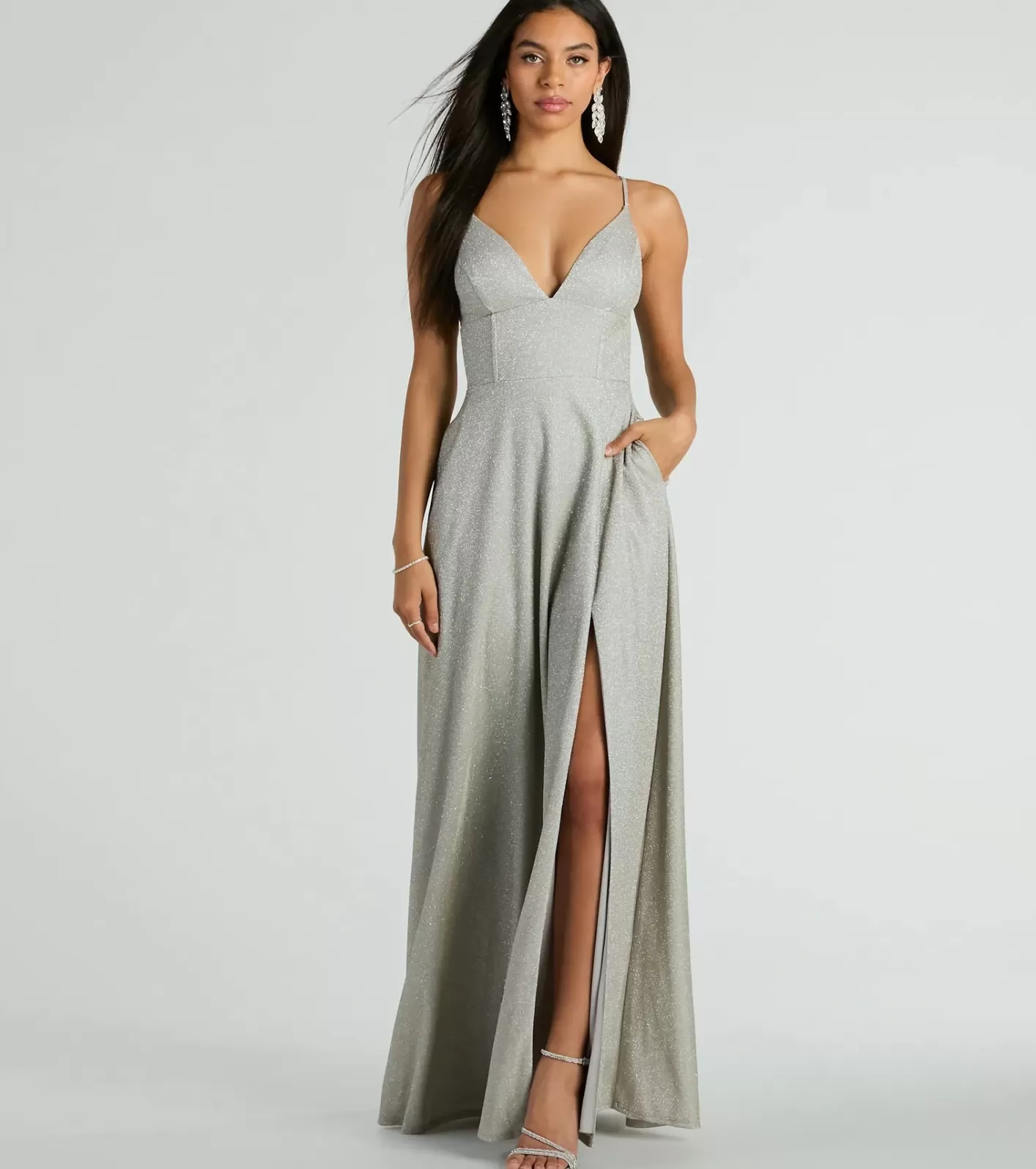 Windsor Mary Lace Up A-Line Glitter Formal Dress With Pockets SILVER Best Sale