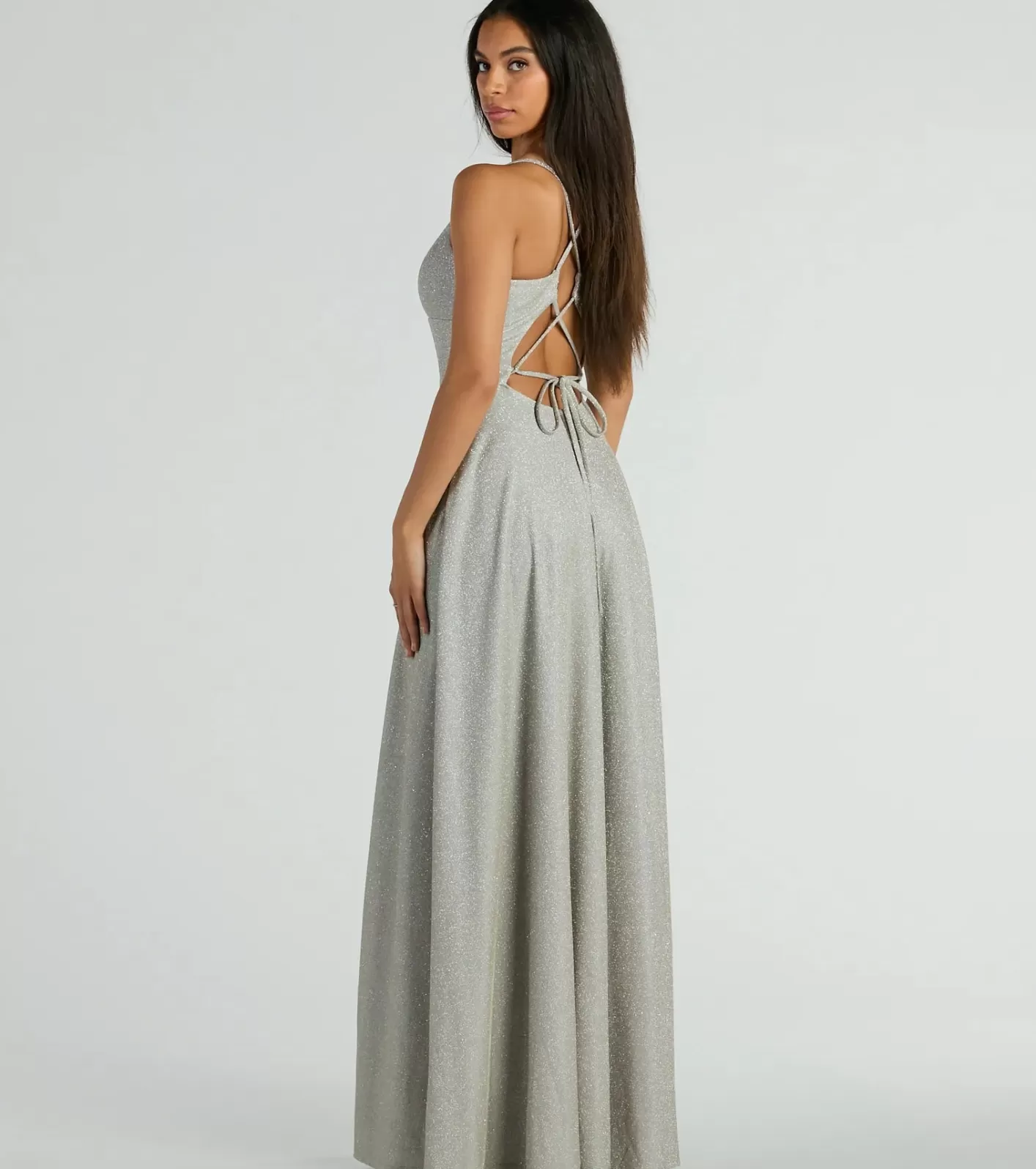Windsor Mary Lace Up A-Line Glitter Formal Dress With Pockets SILVER Best Sale