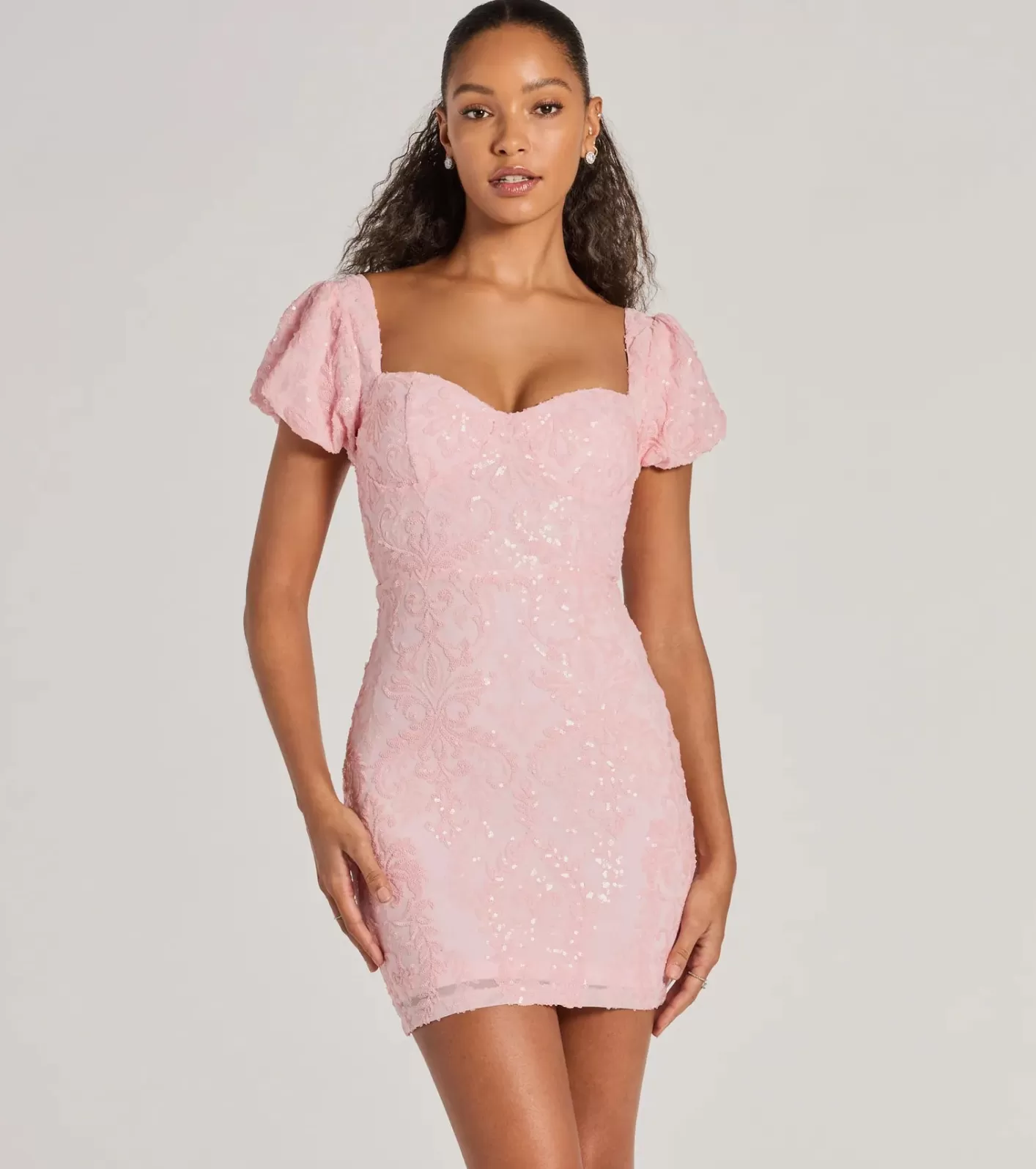 Windsor McKenzie Puff Sleeve Bodycon Sequin Mini Dress PINK Cheap