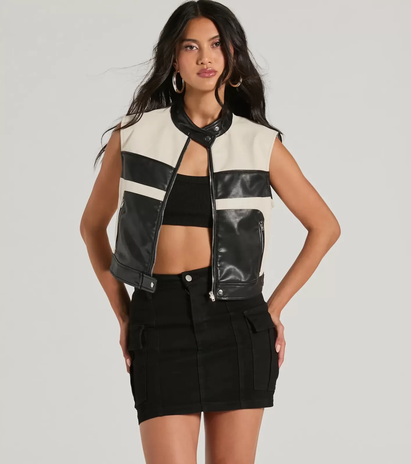 Windsor Meet The Crew Contrast Moto Faux Leather Vest BLK/WHT Outlet